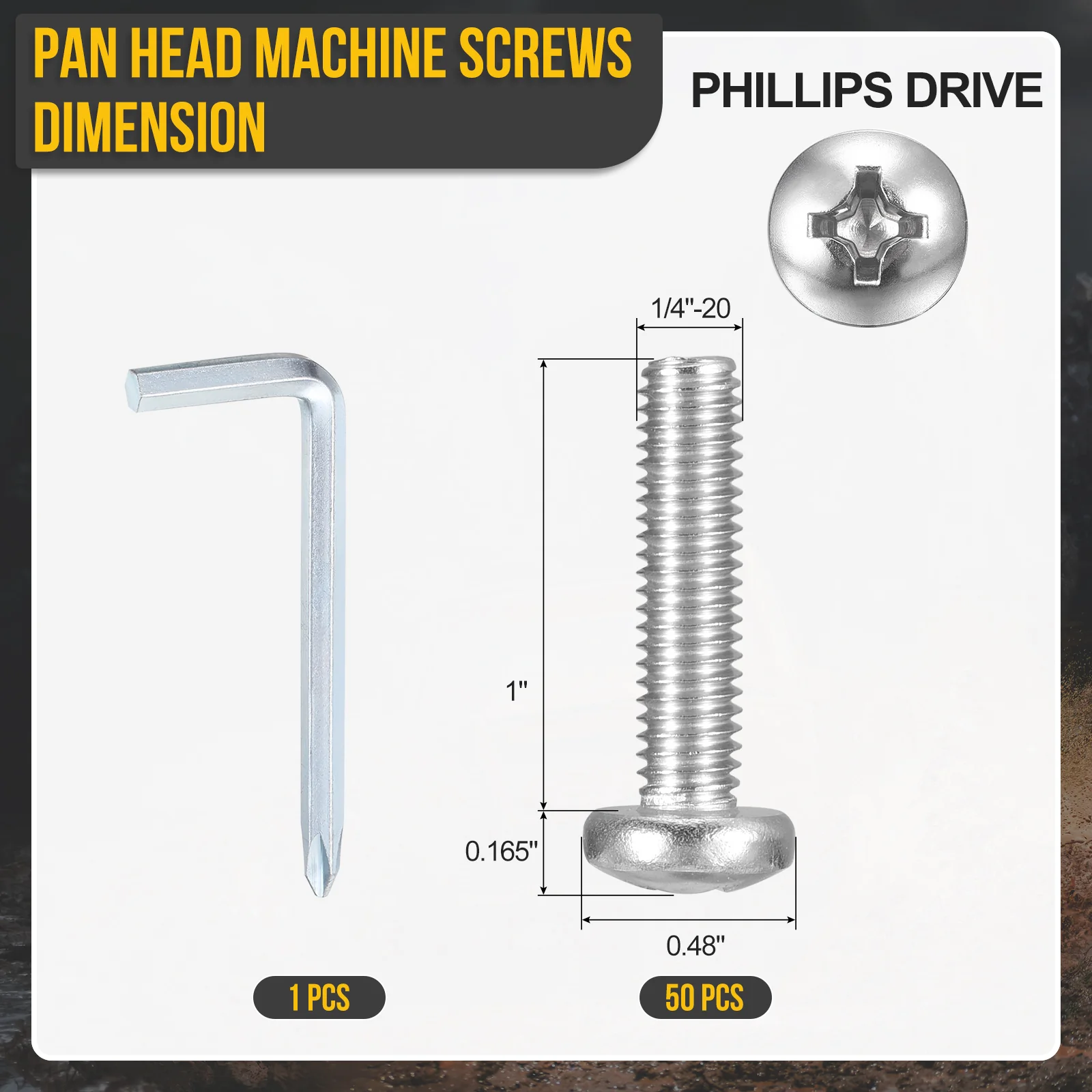 1/4"-20x1" Pan Head Screws Bolts Wrench Kit - 50pcs - Stainless Steel - Silver - Image 2