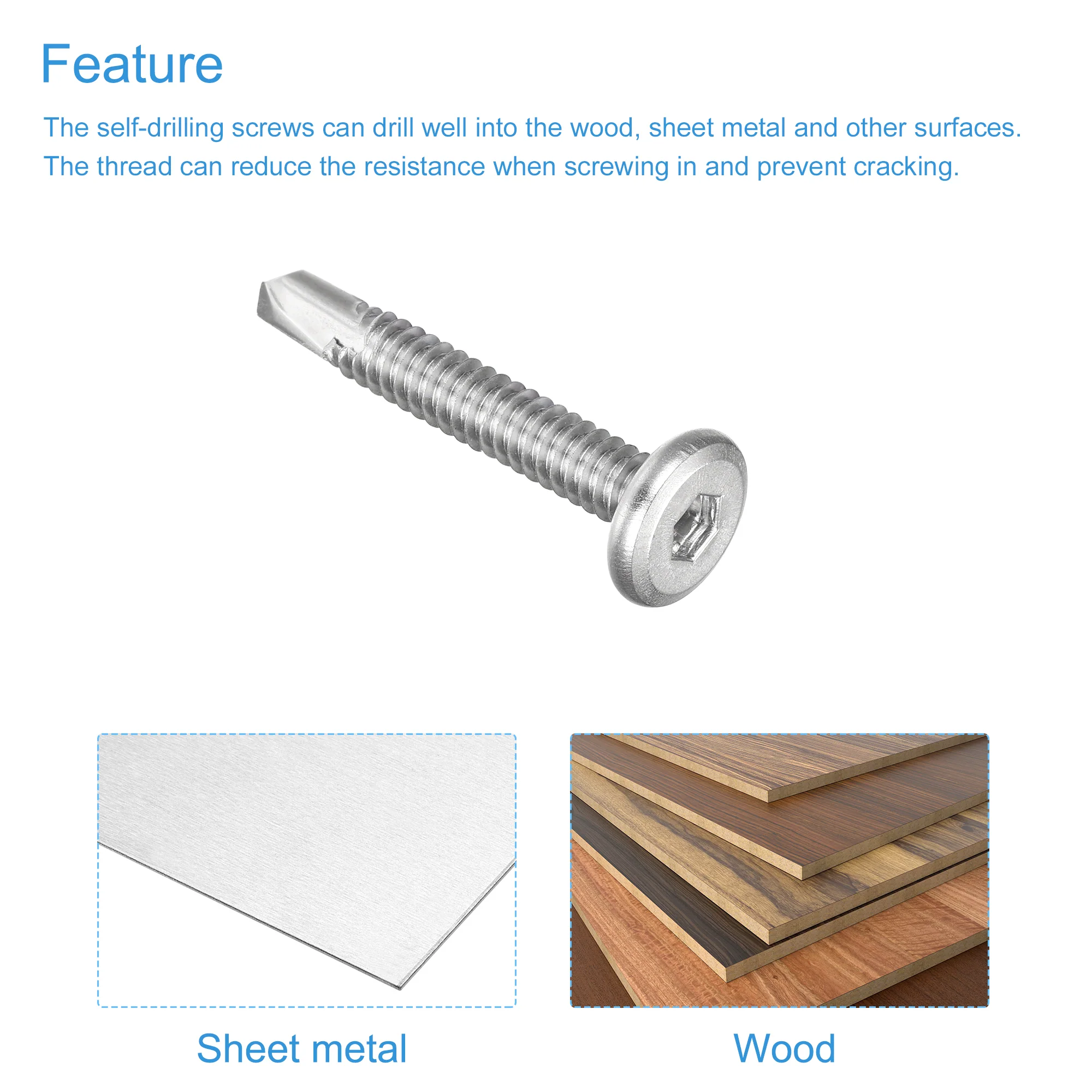 Uxcell #10 x 1-3/8" 410 Stainless Steel Flat Head Hex Socket Self Drilling Screw 100pcs - Image 3