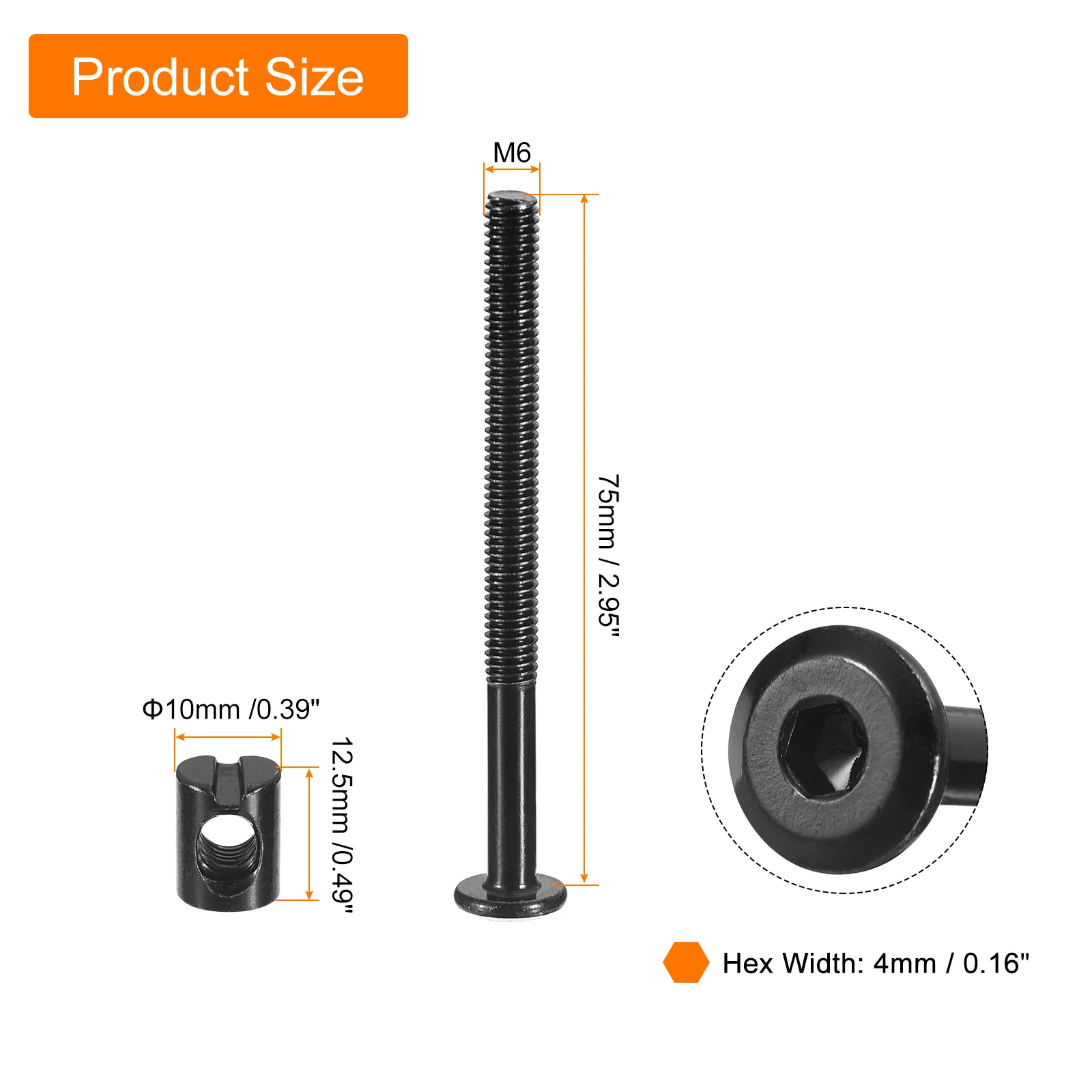 Uxcell 5Pcs Hex Socket Head Screws Bolts Barrel Nuts, M6 x 75mm Socket Bolt Barrel Nut - Image 2