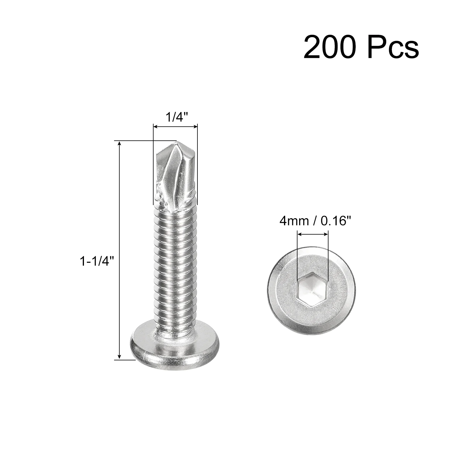Uxcell 200Pcs Hex Socket Self Tapping Screws, 1/4" x 1-1/4" Drilling Screw, Silver - Image 2