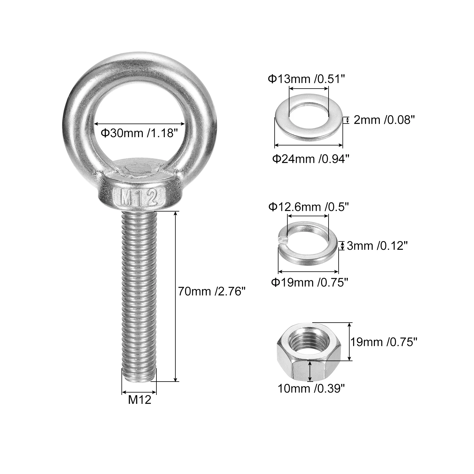 Uxcell Lifting Eye Bolt, 1 Set M12 x 70mm Eye Bolt with Nut Washer - Image 2
