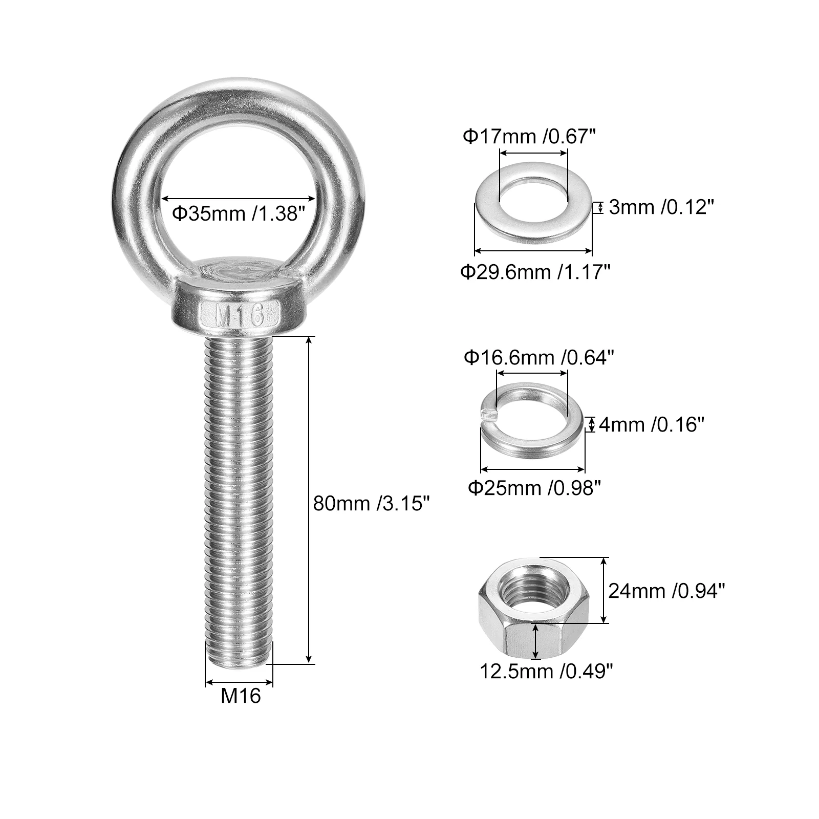 Uxcell Lifting Eye Bolt, 4 Sets M16 x 80mm Eye Bolt with Nut Washer - Image 2