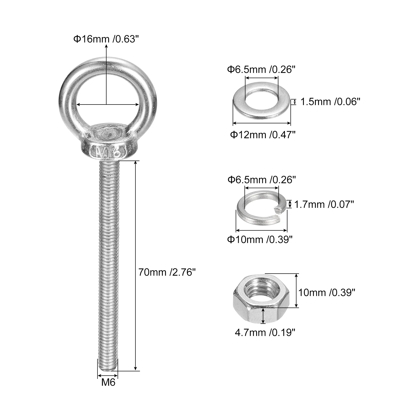 Uxcell Lifting Eye Bolt, 4 Sets M6 x 70mm Eye Bolt with Nut Washer - Image 2