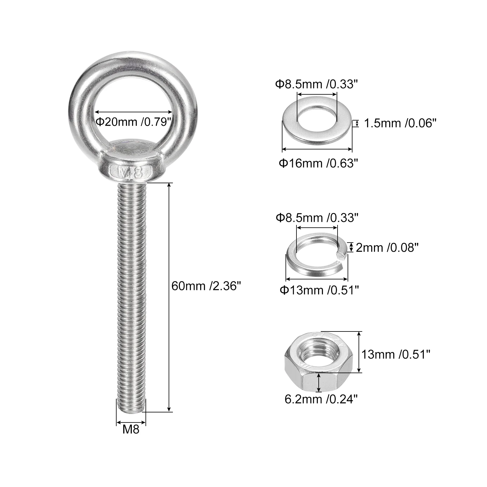 Uxcell Lifting Eye Bolt, 1 Set M8 x 60mm Eye Bolt with Nut Washer - Image 2