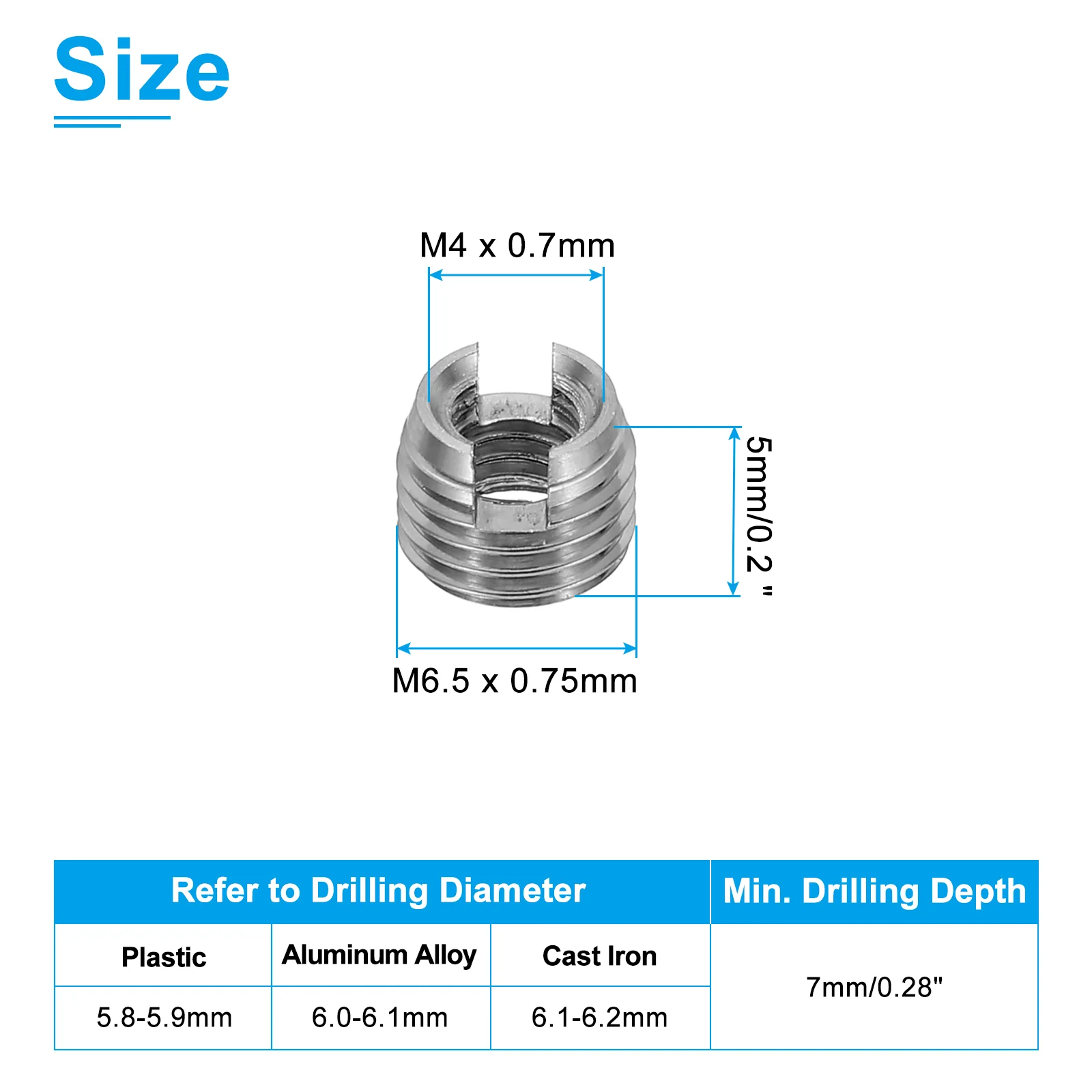 40 Pcs 303 Stainless Steel M4 x M6.5 x 5mm Self-Tapping Threaded Inserts - Image 2