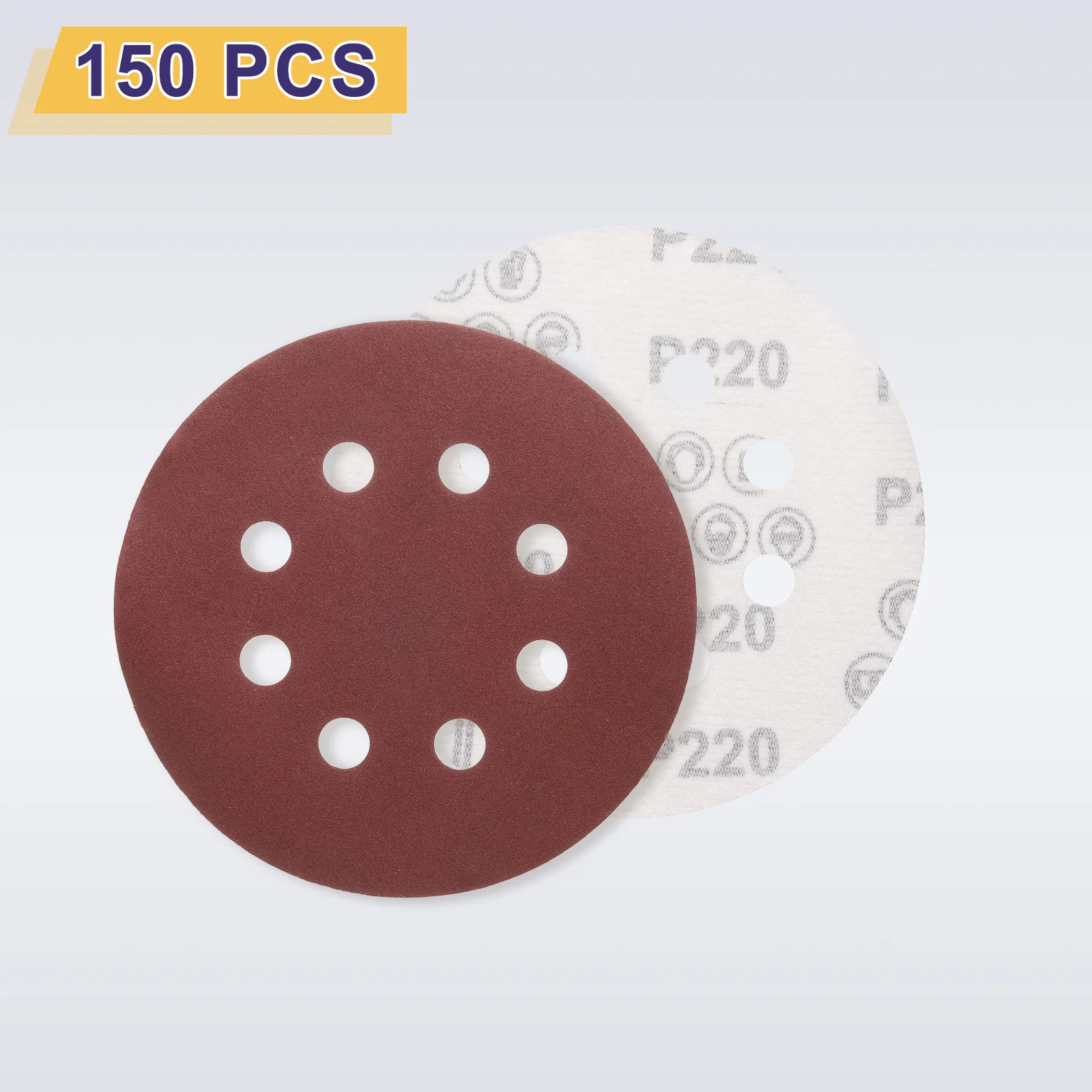 150pcs 5" Hook and Loop Sanding Discs 220 Grit 8-Hole Sandpaper for Sander, Red - Image 3