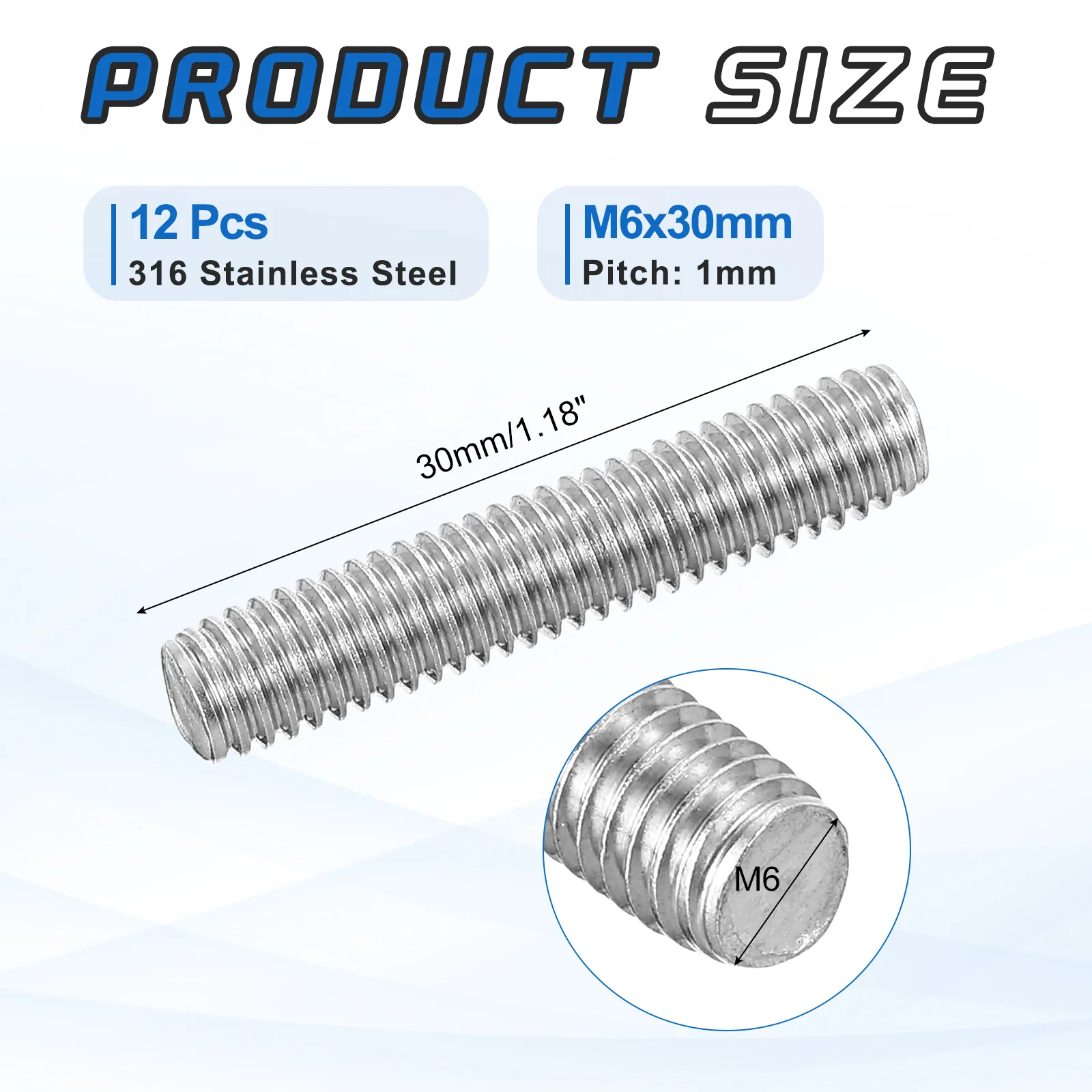 12Pack M6x30mm 316 Stainless Steel Fully All Threaded Rod Studs, 1mm Pitch - Image 2