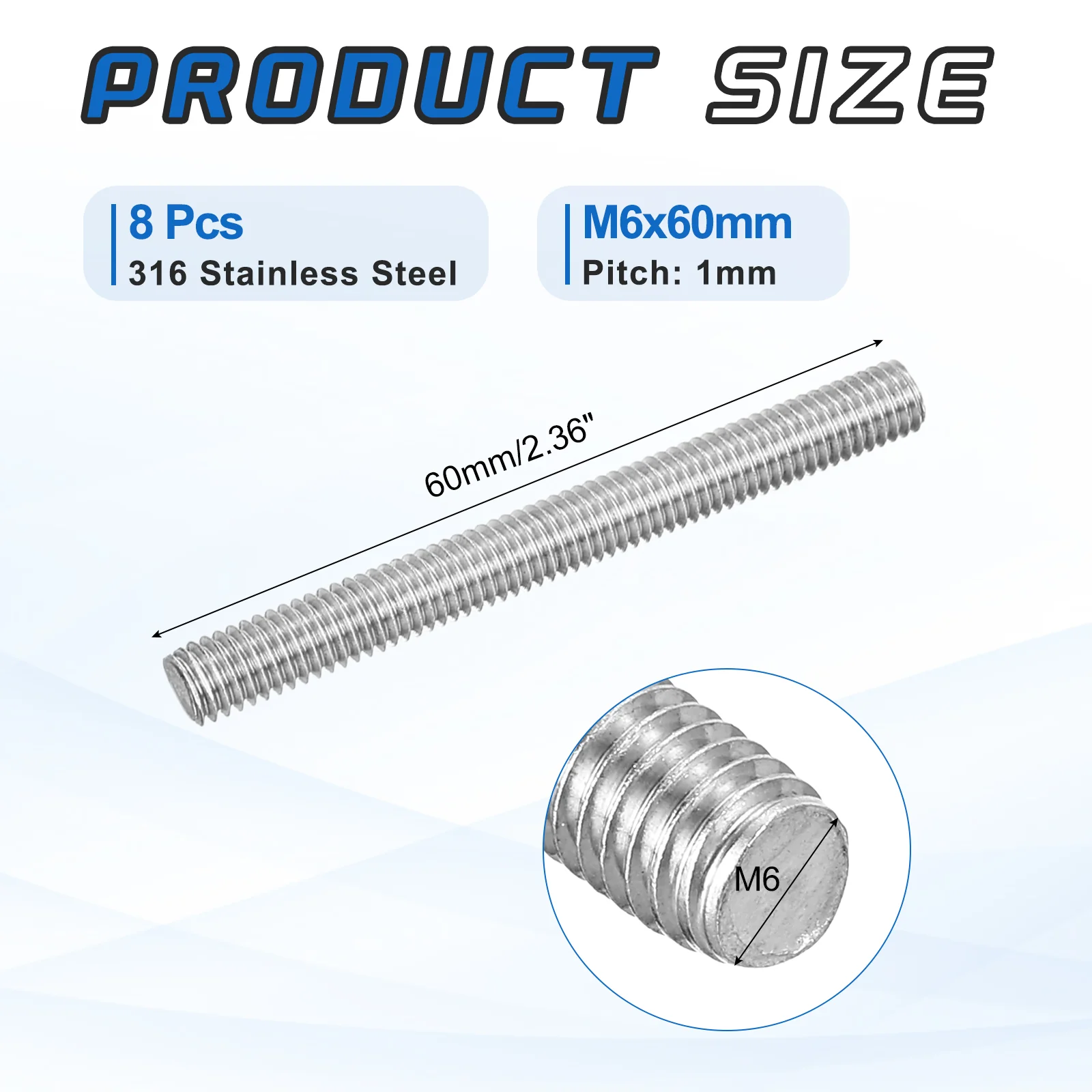 8Pack M6x60mm 316 Stainless Steel Fully All Threaded Rod Studs, 1mm Pitch - Image 2
