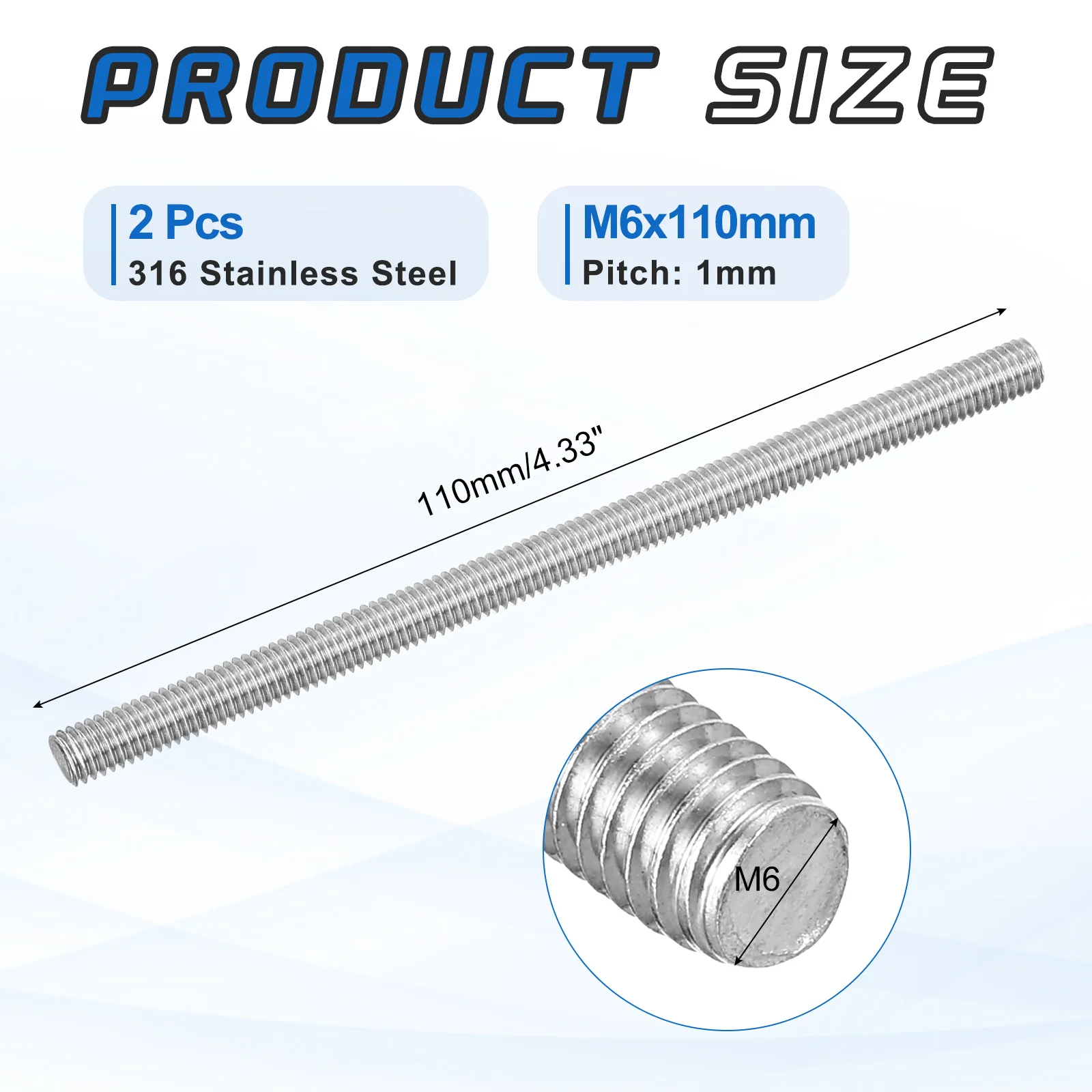 2Pack M6x110mm 316 Stainless Steel Fully All Threaded Rod Studs, 1mm Pitch - Image 2
