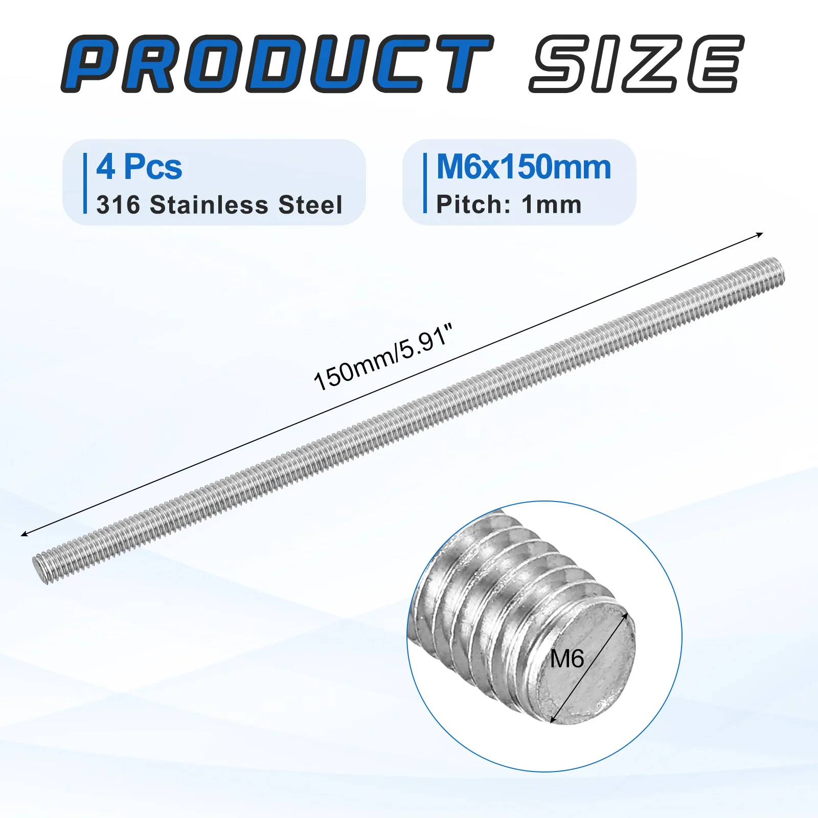 4Pack M6x150mm 316 Stainless Steel Fully All Threaded Rod Studs, 1mm Pitch - Image 2