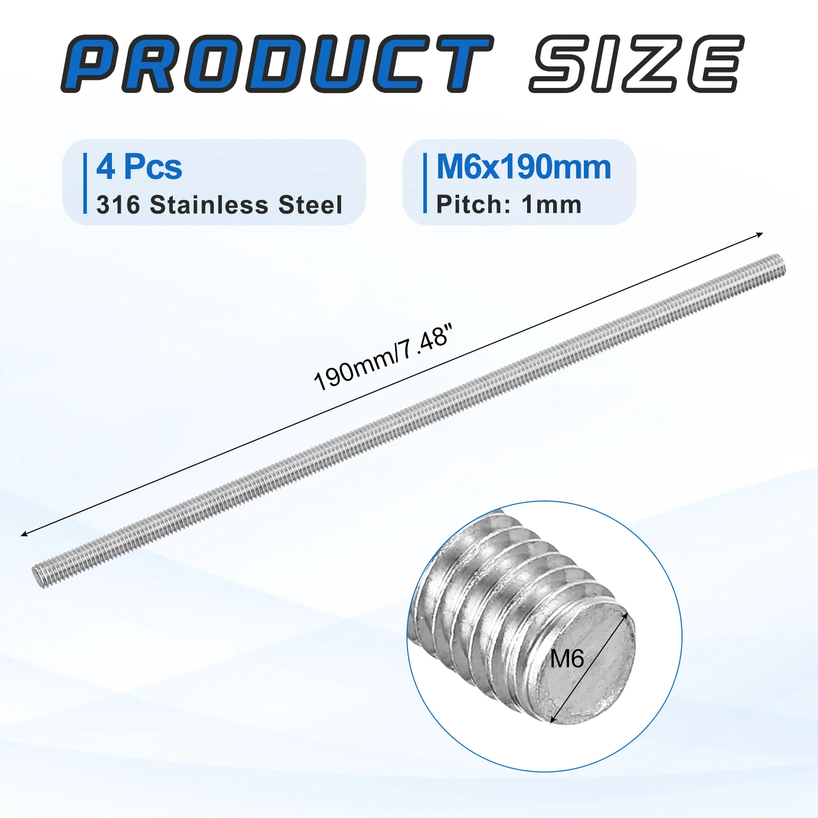 4Pack M6x190mm 316 Stainless Steel Fully All Threaded Rod Studs, 1mm Pitch - Image 2