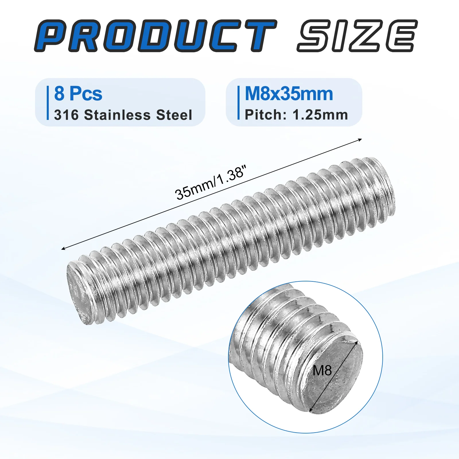 8Pack M8x35mm 316 Stainless Steel Fully All Threaded Rod Studs, 1.25mm Pitch - Image 2