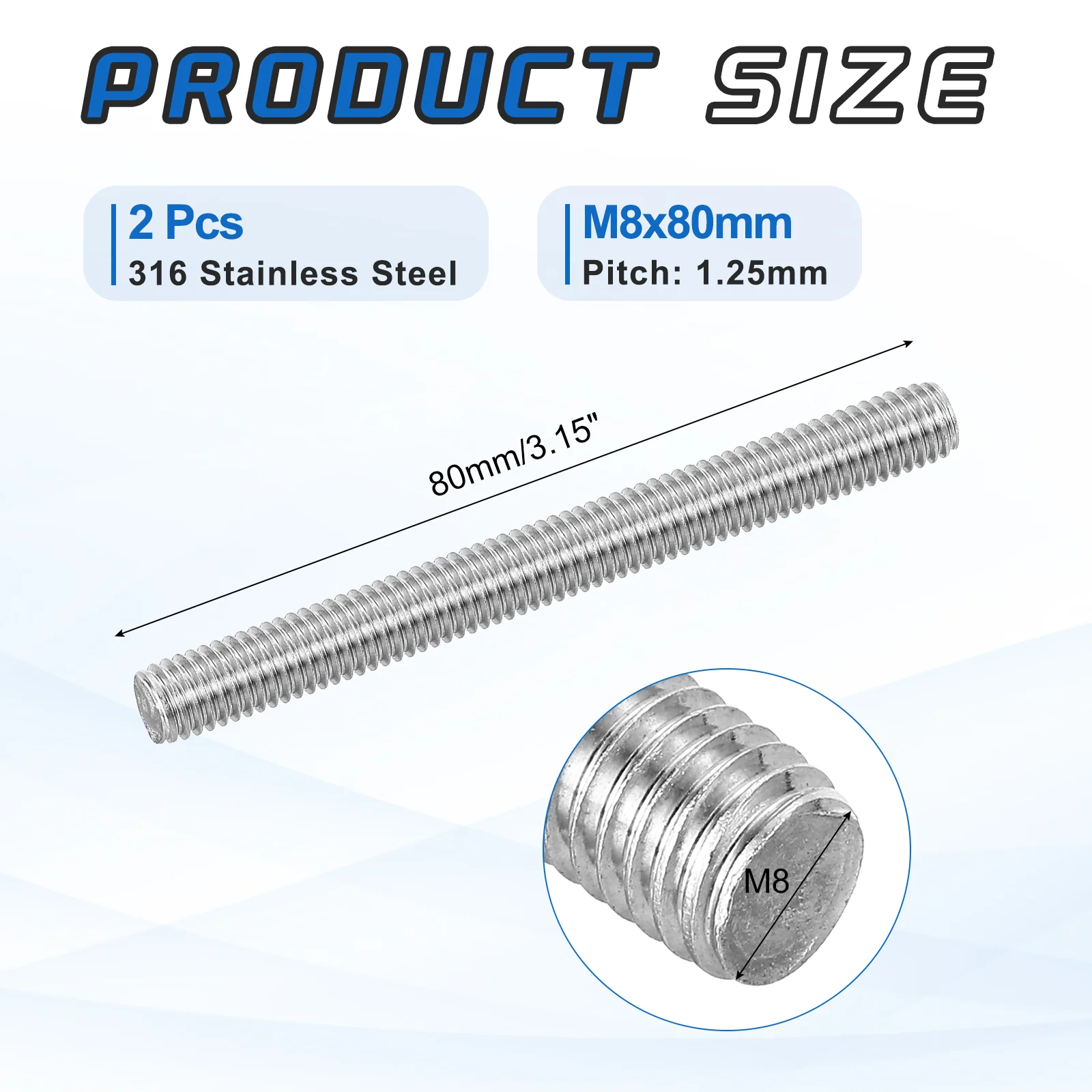 2Pack M8x80mm 316 Stainless Steel Fully All Threaded Rod Studs, 1.25mm Pitch - Image 2