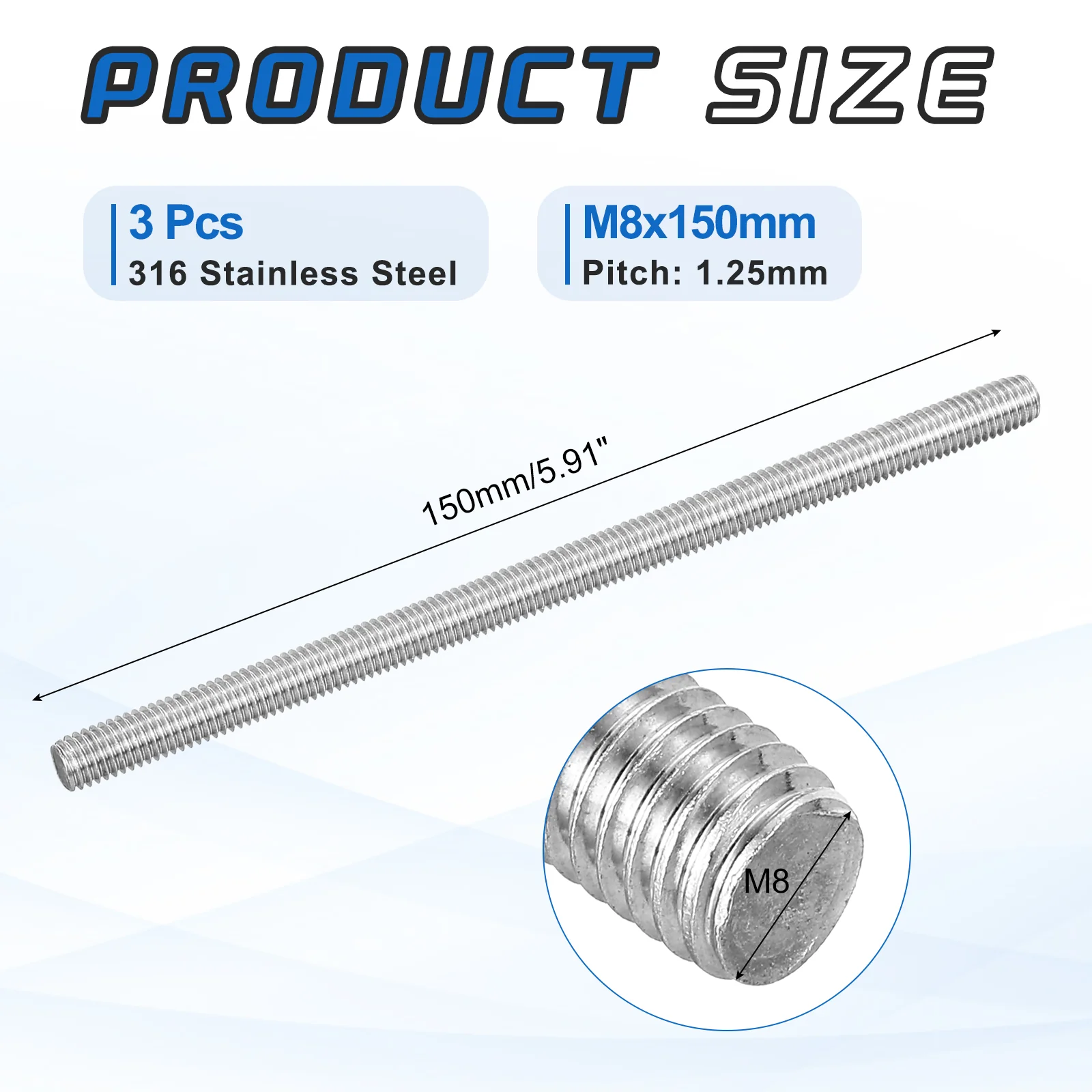 3Pack M8x150mm 316 Stainless Steel Fully All Threaded Rod Studs, 1.25mm Pitch - Image 2