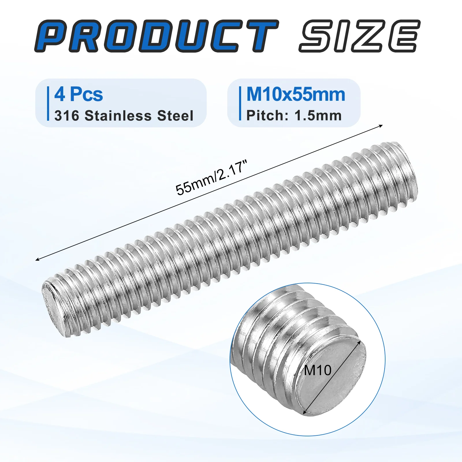 4Pack M10x55mm 316 Stainless Steel Fully All Threaded Rod Studs, 1.5mm Pitch - Image 2