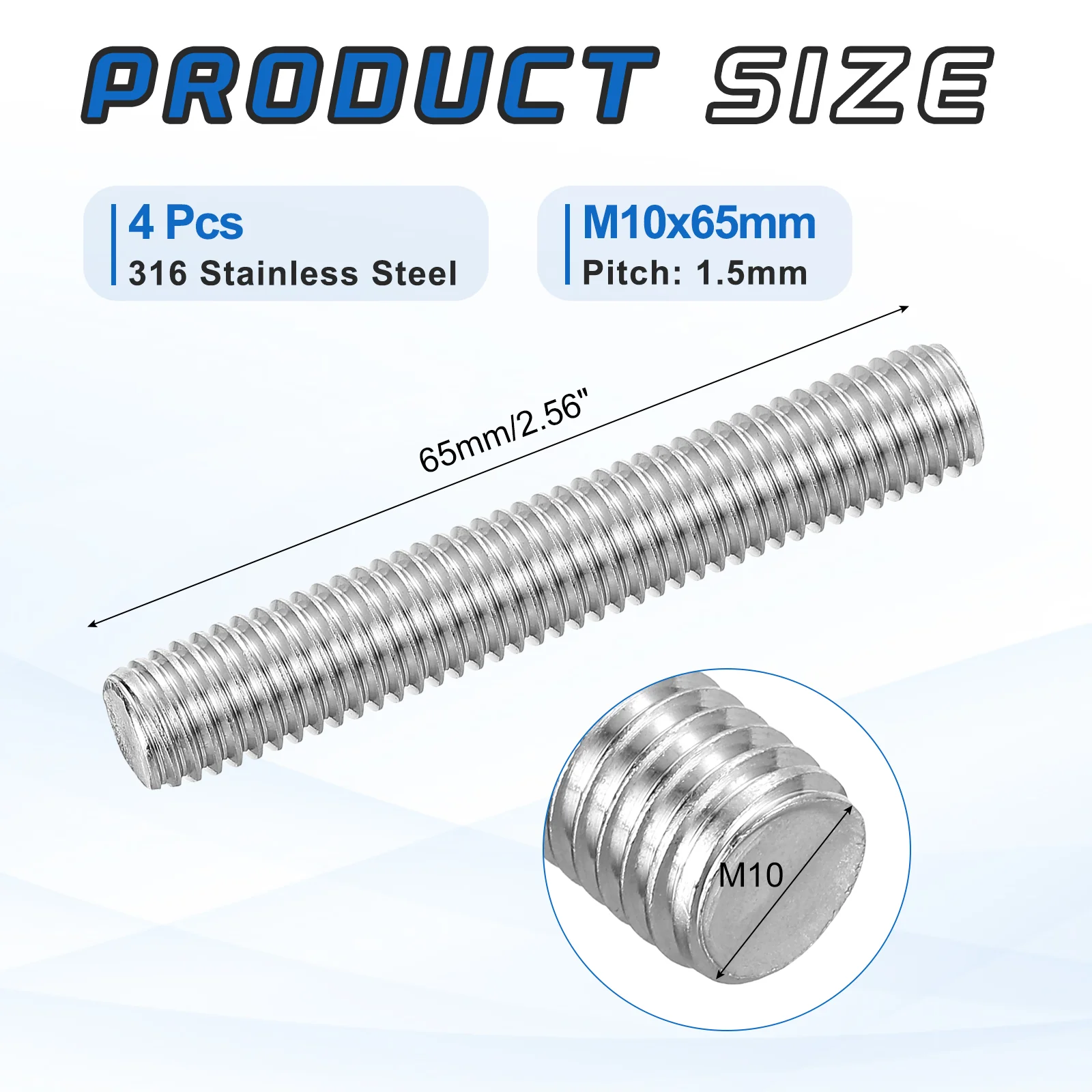 4Pack M10x65mm 316 Stainless Steel Fully All Threaded Rod Studs, 1.5mm Pitch - Image 2