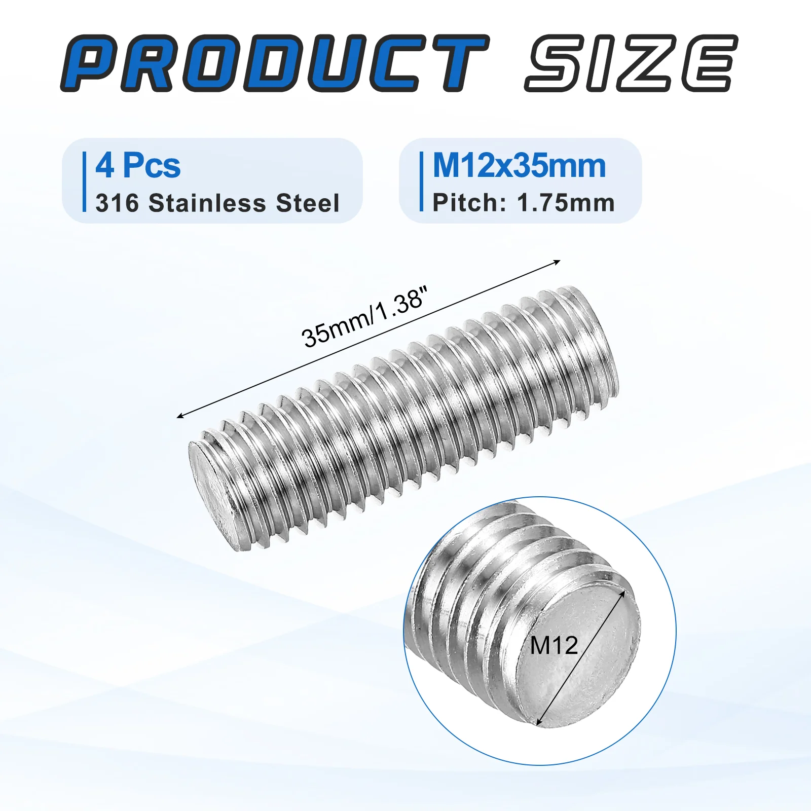 4Pack M12x35mm 316 Stainless Steel Fully All Threaded Rod Studs, 1.75mm Pitch - Image 2