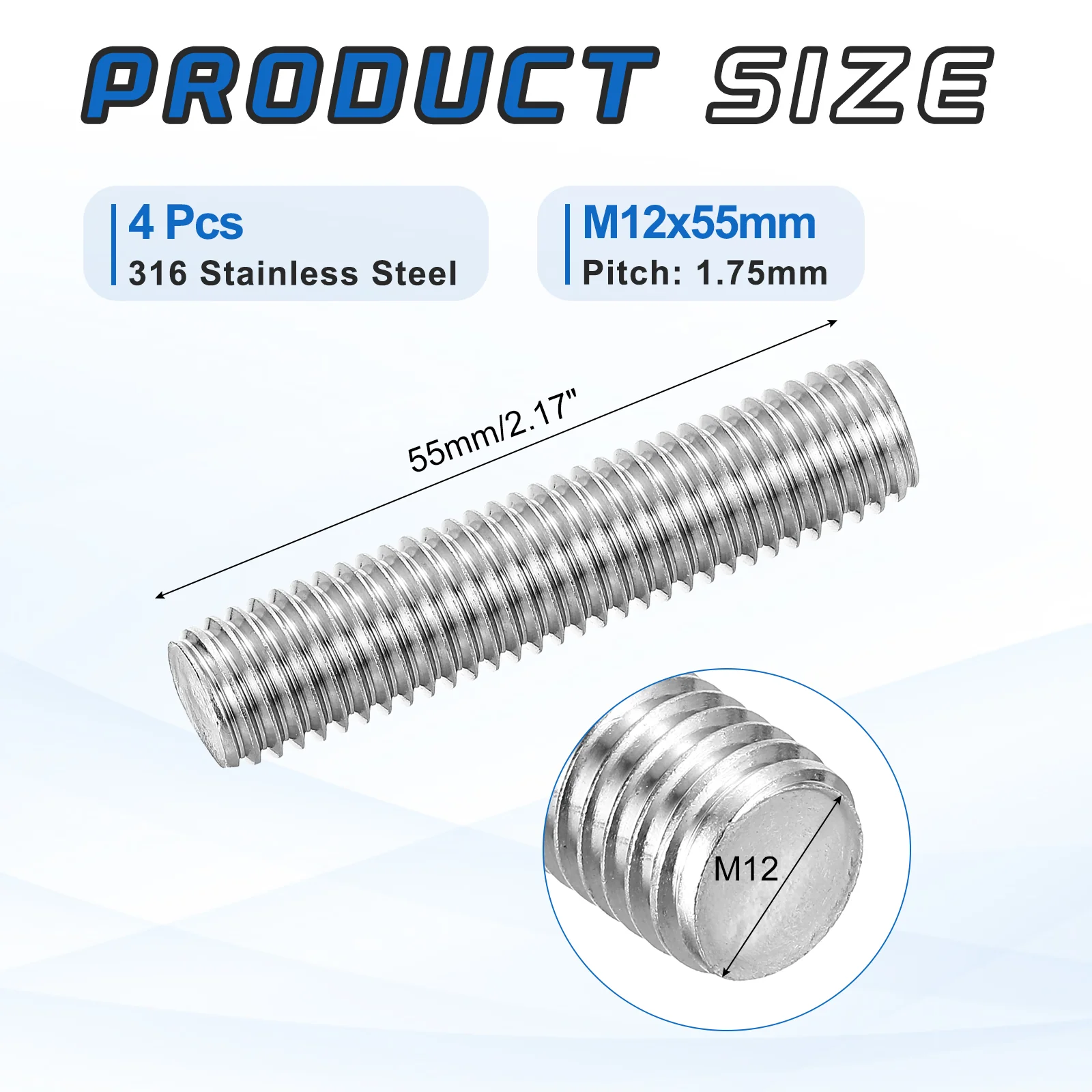 4Pack M12x55mm 316 Stainless Steel Fully All Threaded Rod Studs, 1.75mm Pitch - Image 2