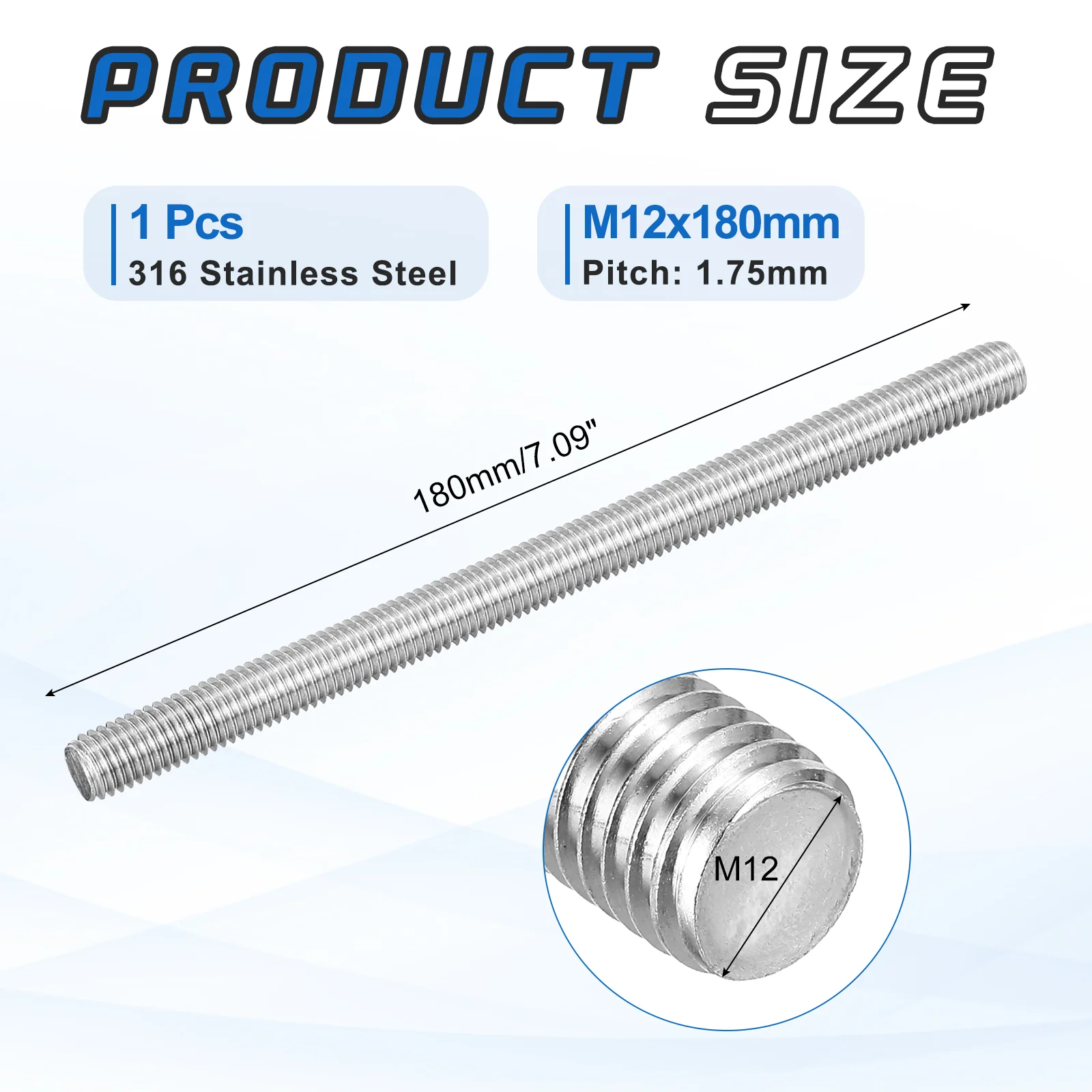 M12x180mm 316 Stainless Steel Fully All Threaded Rod Studs, 1.75mm Pitch - Image 2