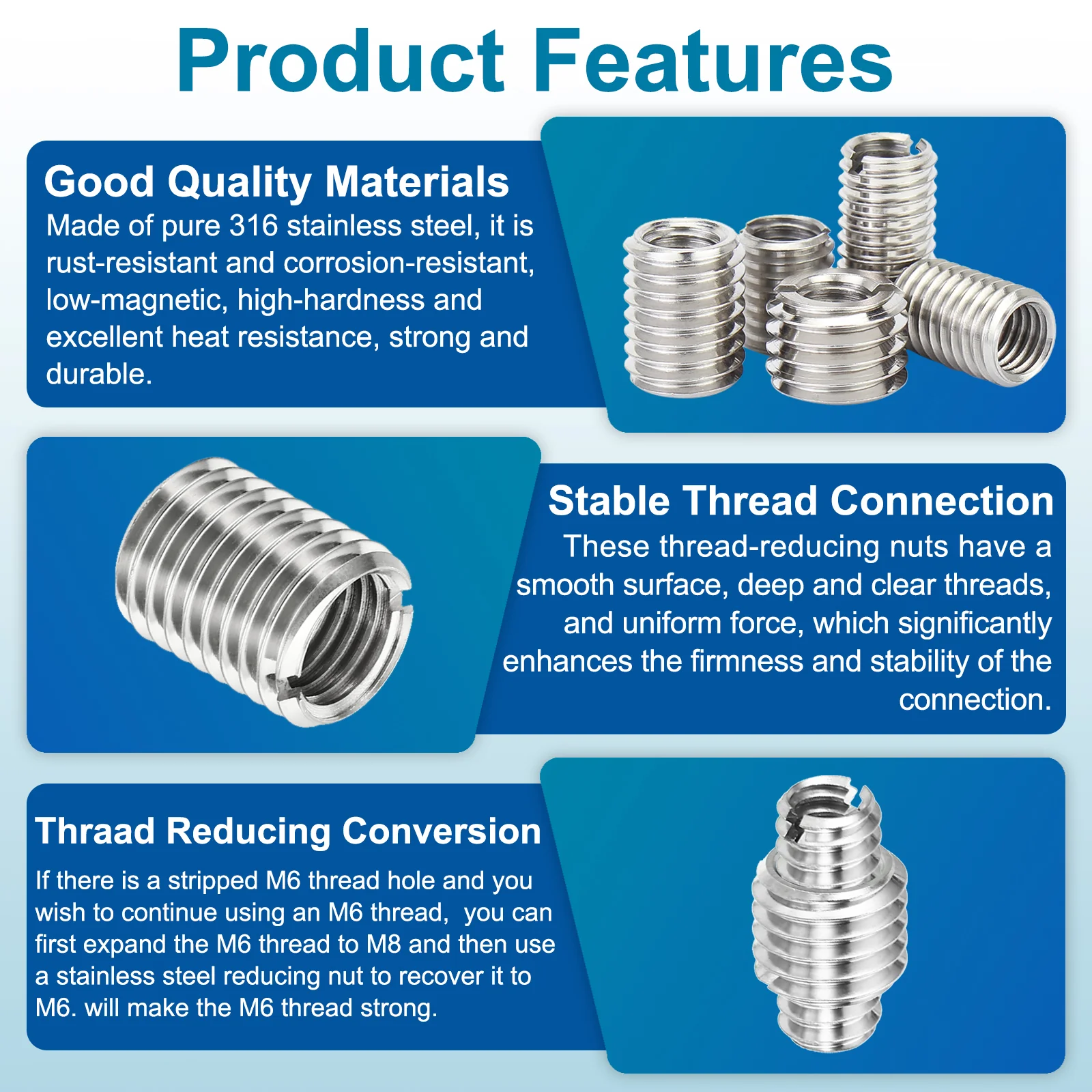 Uxcell 12Pcs 10mm 316 Stainless Steel Reducing Nut, M5x0.8 Male to M3x0.5 Female - Image 3