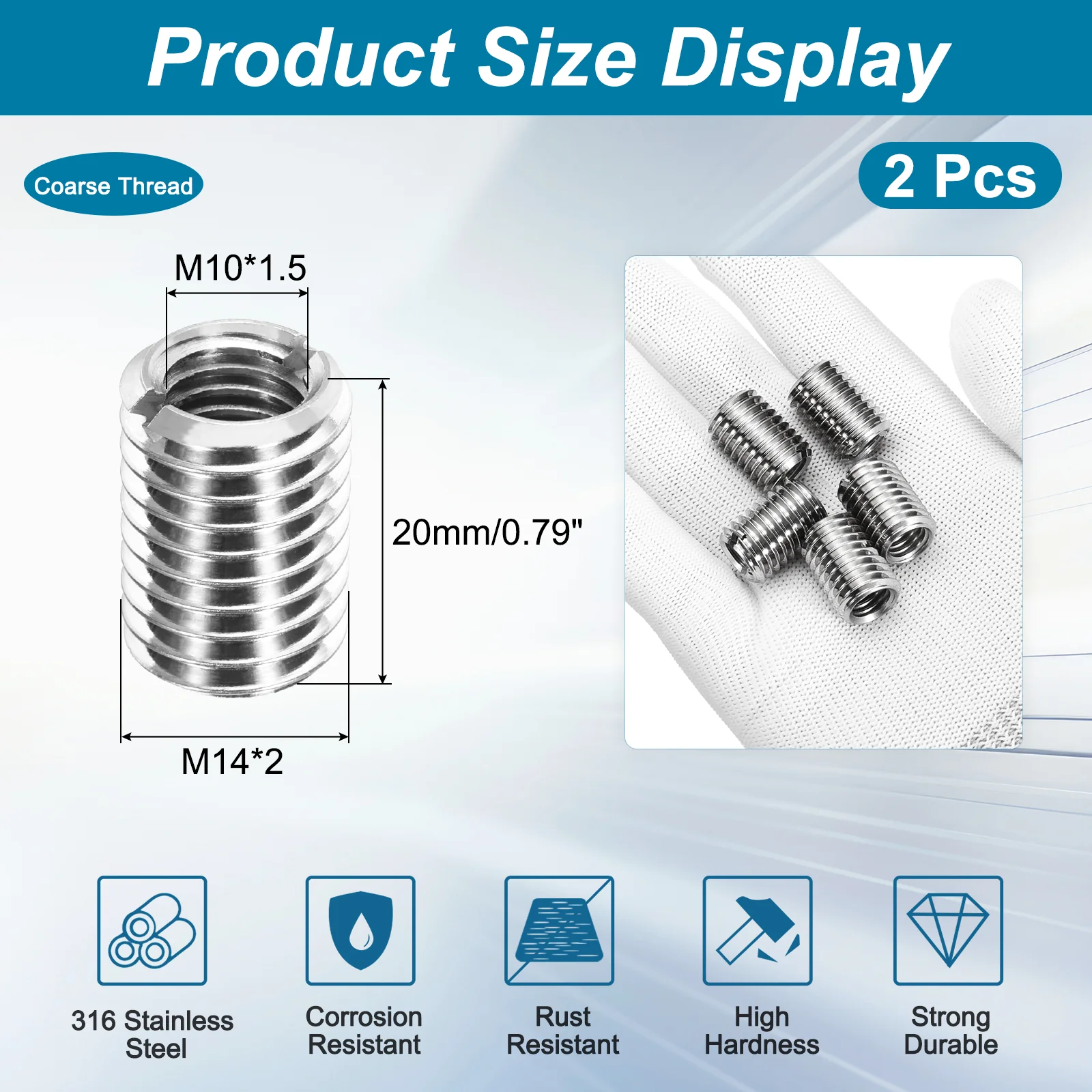Uxcell 2Pcs 20mm 316 Stainless Steel Reducing Nut, M14x2 Male to M10x1.5 Female - Image 2