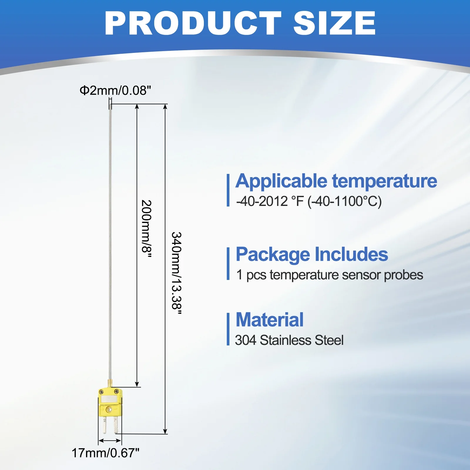 K-Type Thermocouple Temperature Sensor Probes, -40-2012 °F Probe 0.08x7.87 in - Image 2
