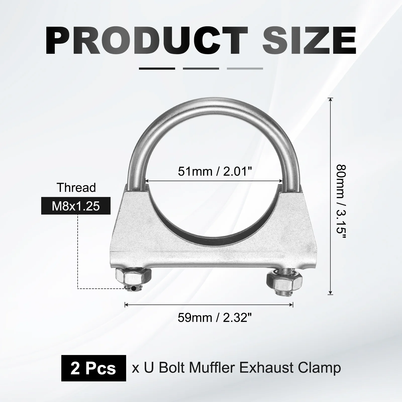 2pcs U Bolt Muffler Exhaust Clamp 51mm/2.01" 304 Stainless Steel U-Bolt Clamps - Image 2