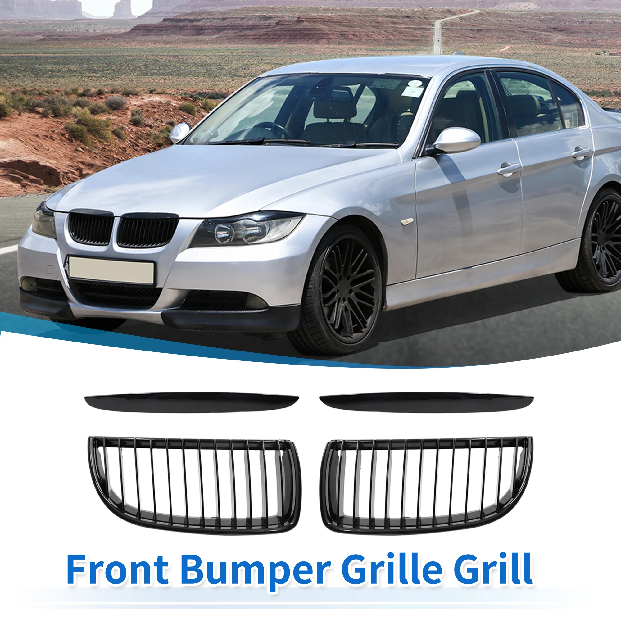 Front Upper Hood Bumper Grille Grill for BMW 325i E90 2005-2008 Front Left Right Upper Bumper Kidney Grille Grill Signal Slat Gloss Black Pair - Image 4