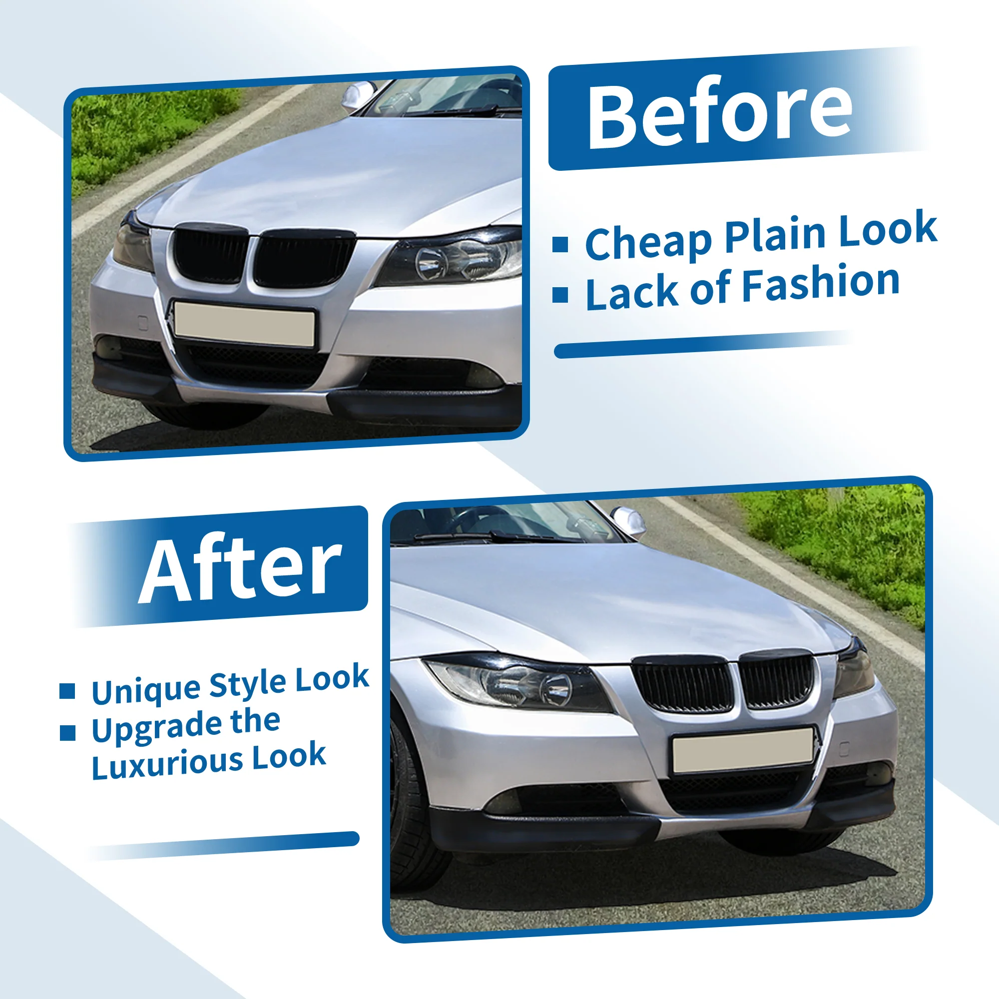Front Upper Hood Bumper Grille Grill for BMW 325i E90 2005-2008 Front Left Right Upper Bumper Kidney Grille Grill Signal Slat Gloss Black Pair - Image 7