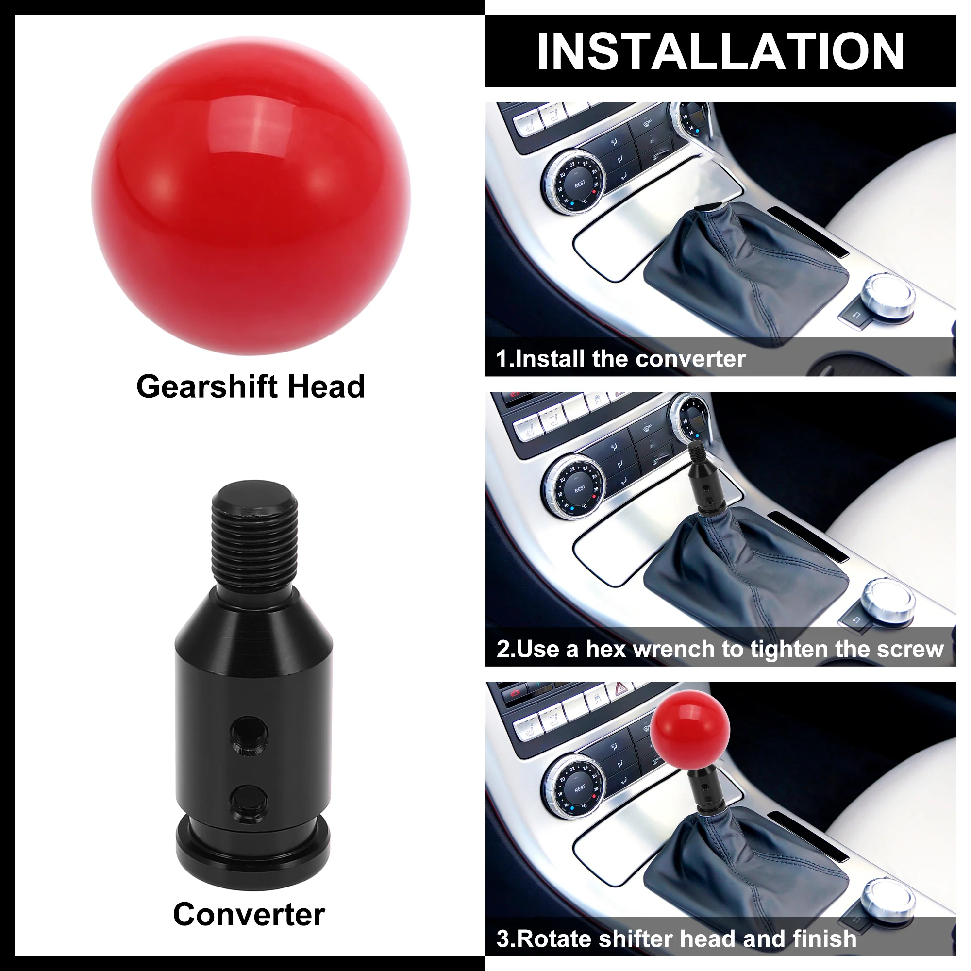 Car Red Round Ball Gear Shifter Shift Knob Manual Transmission with M12x1.25 Black Shift Knob Adapter Set - Image 5