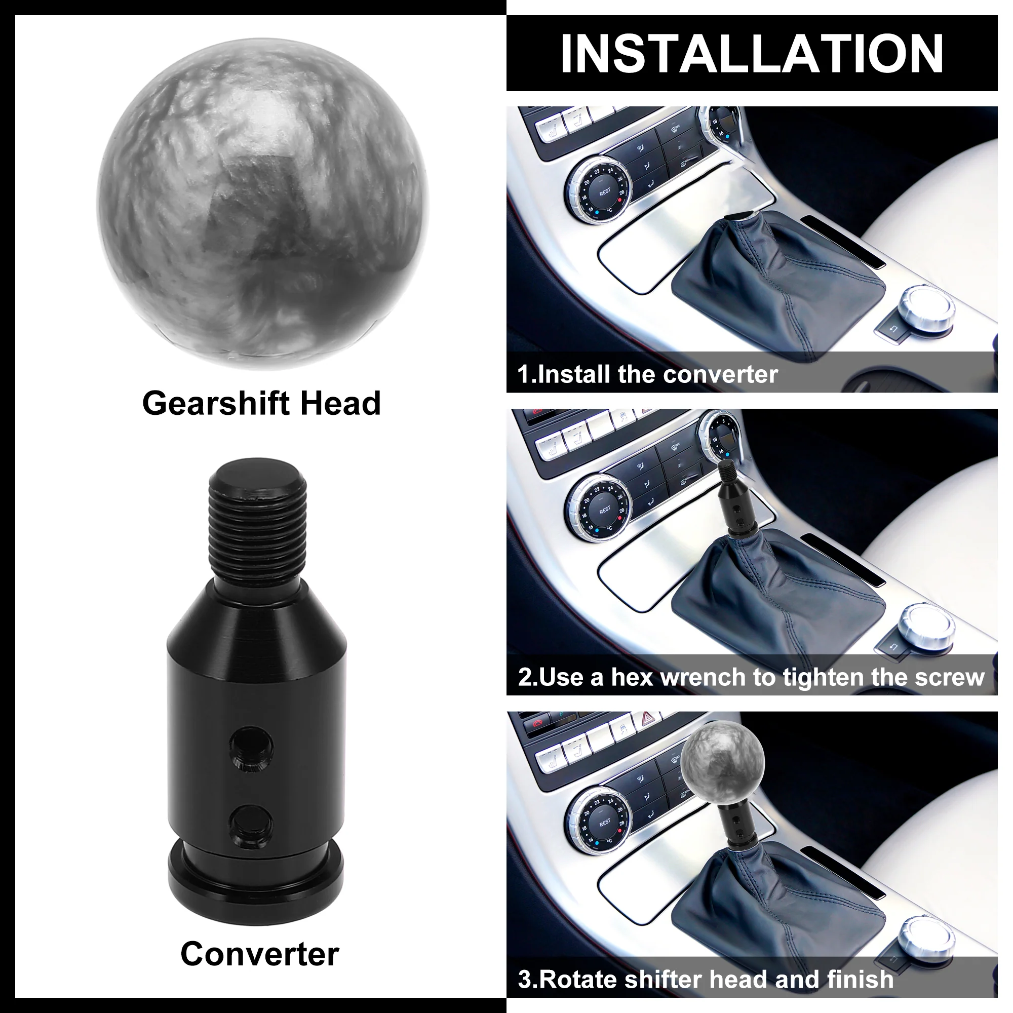 Car Titanium Tone Round Ball Gear Shifter Shift Knob Manual Transmission with M12x1.25 Black Shift Knob Adapter Set - Image 5