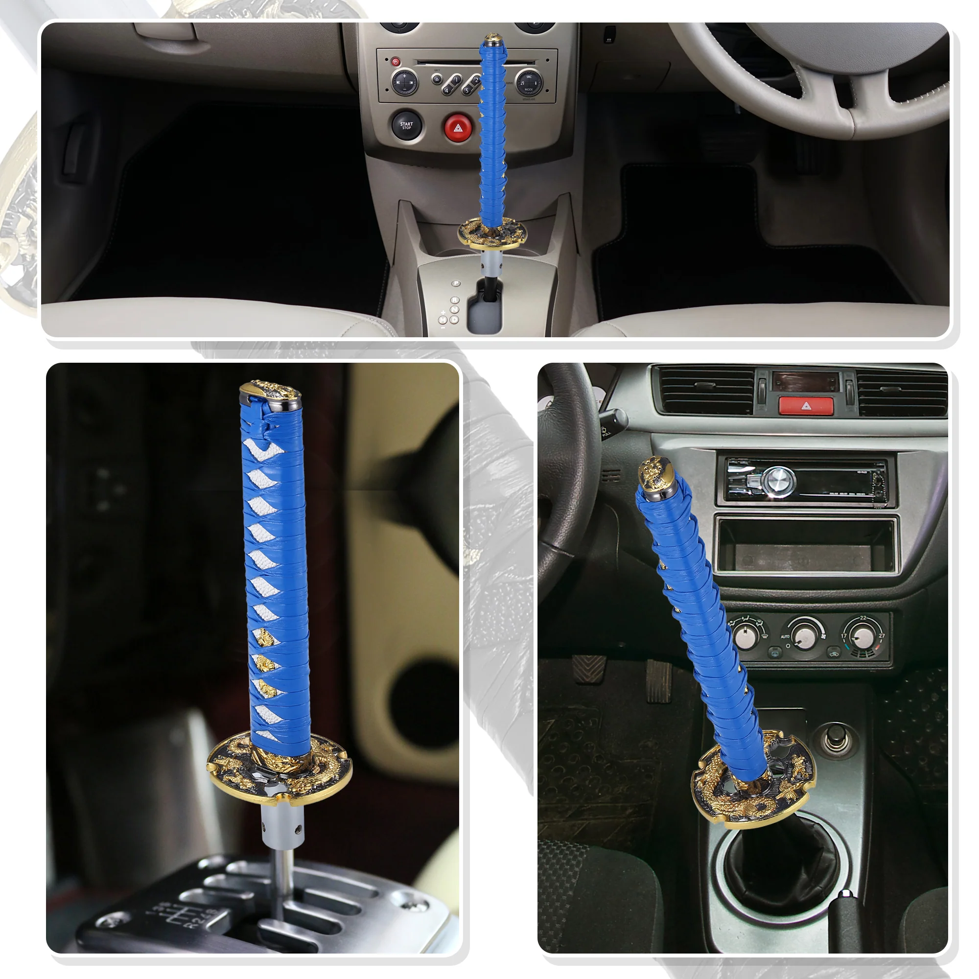20cm Samurai Sword Style Gear Shifter Lever Katana Shift Knob Classic Braided Pattern for Manual Automatic AT MT Shifter Blue White - Image 4