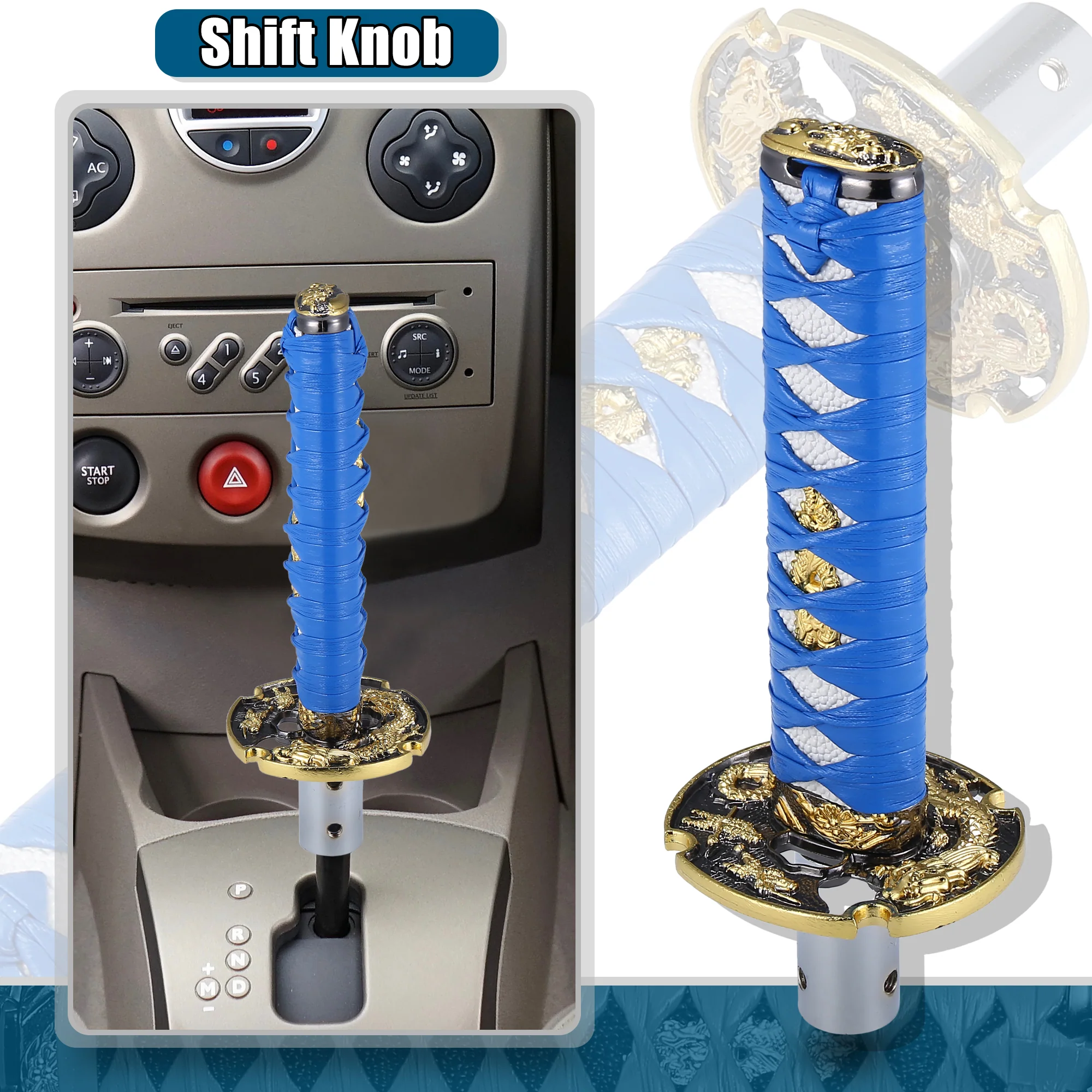15cm Samurai Sword Style Gear Shifter Lever Katana Shift Knob Classic Braided Pattern for Manual Automatic AT MT Shifter Blue White - Image 2