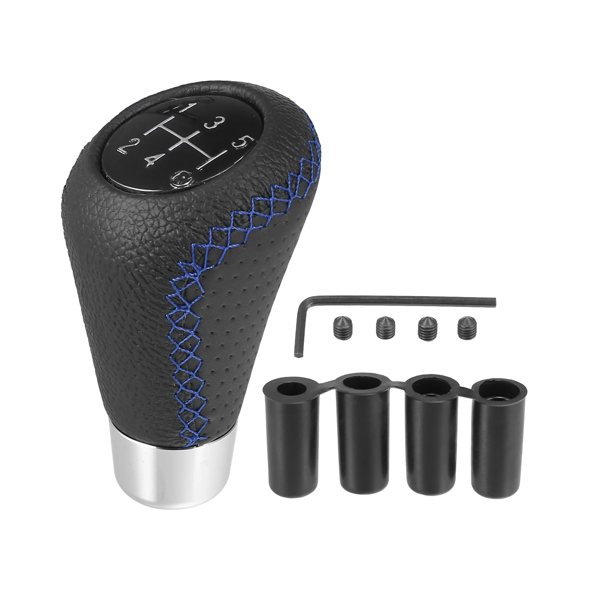Black Universal 5 Speed Auto Car Gear Lever Shifter Manual Stick Shift Knob PU Leather with Hole Blue Stitches