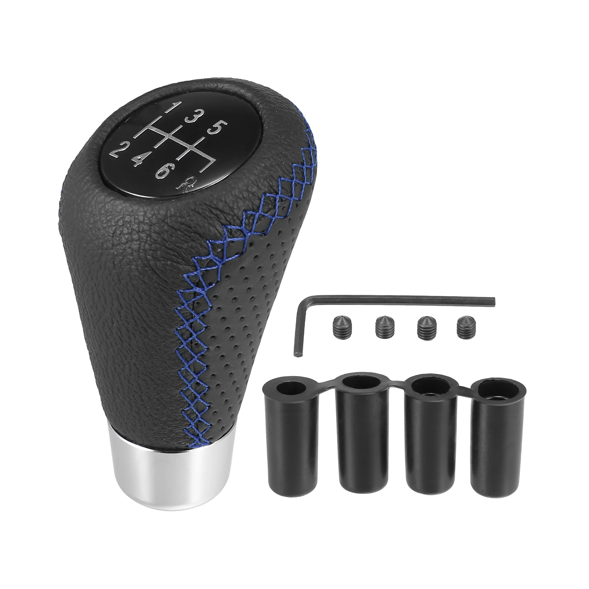 Black Universal 6 Speed Auto Car Gear Lever Shifter Manual Stick Shift Knob PU Leather with Hole Blue Stitches