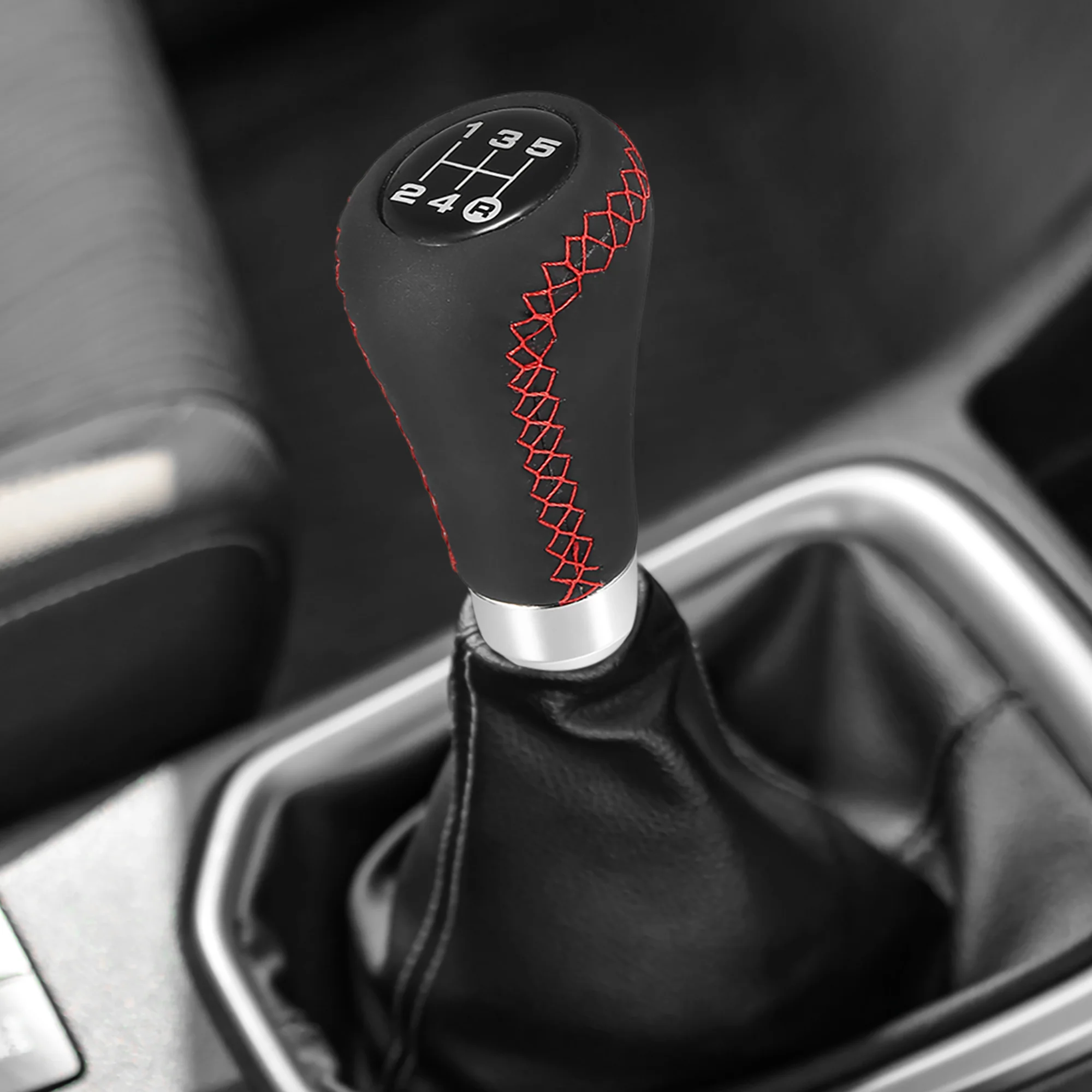 Black Universal 5 Speed Auto Car Gear Lever Shifter Manual Stick Shift Knob PU Leather Red Stitches - Image 4