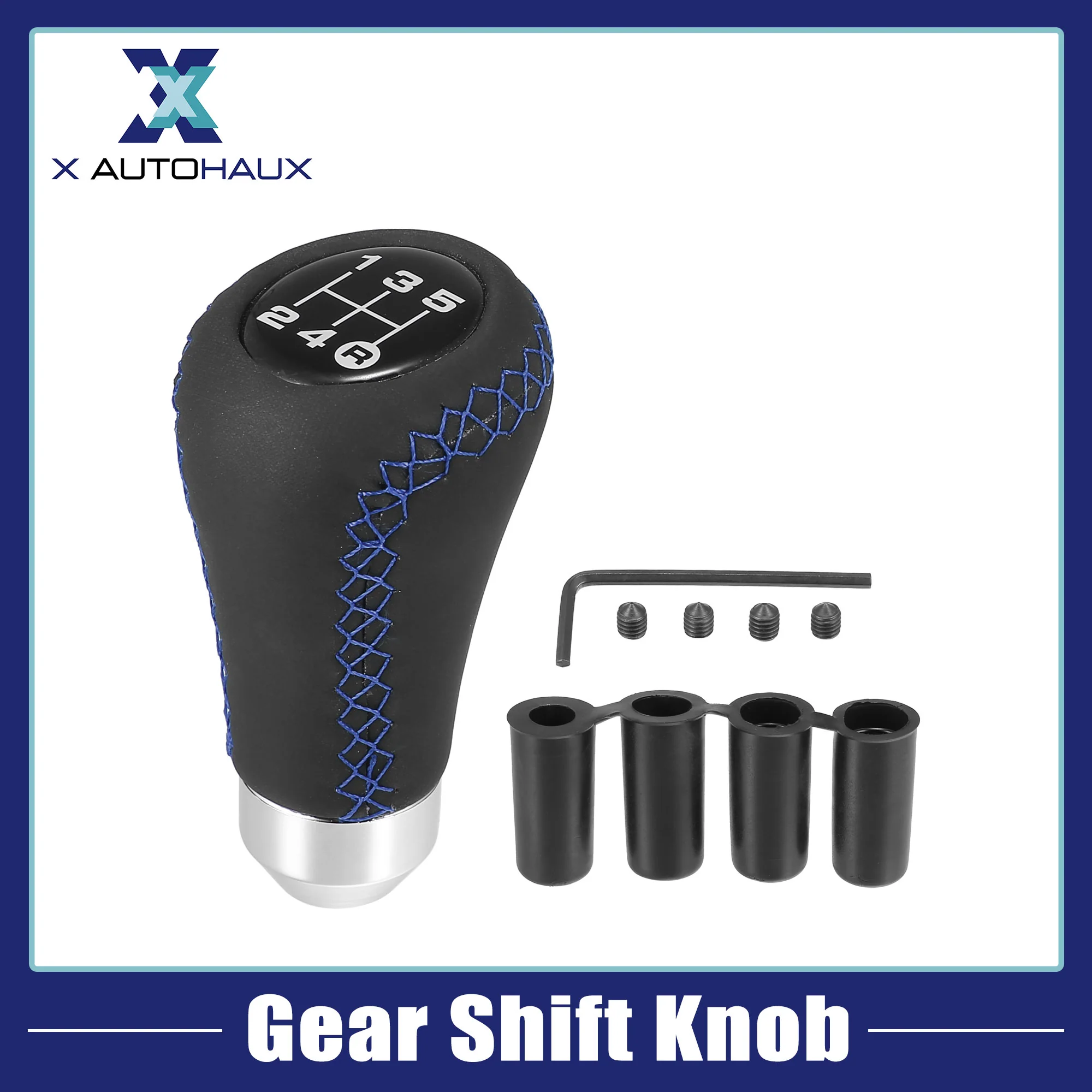Black Universal 5 Speed Auto Car Gear Lever Shifter Manual Stick Shift Knob PU Leather Blue Stitches - Image 3
