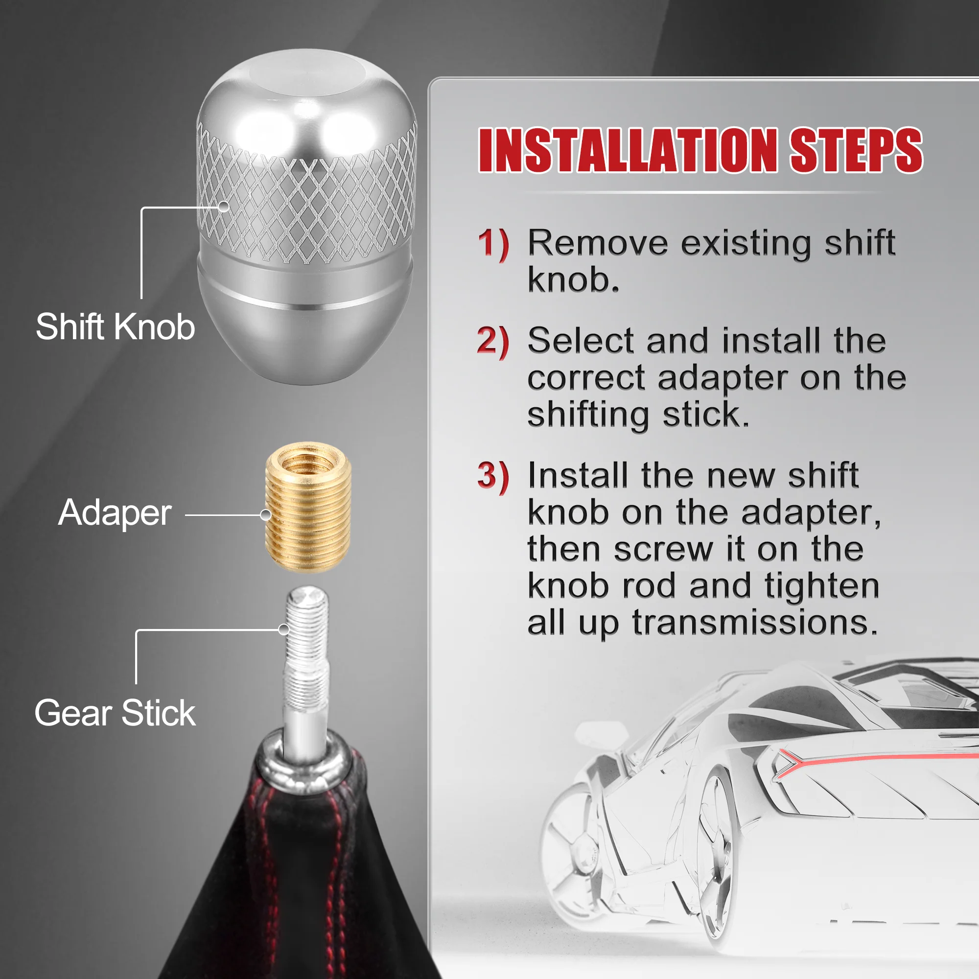 1 Set Universal Aluminum Alloy Car Automatic Manual Weighted Shifter Knob Gear Shift Knobs with Adapter Kit Silver Tone - Image 7