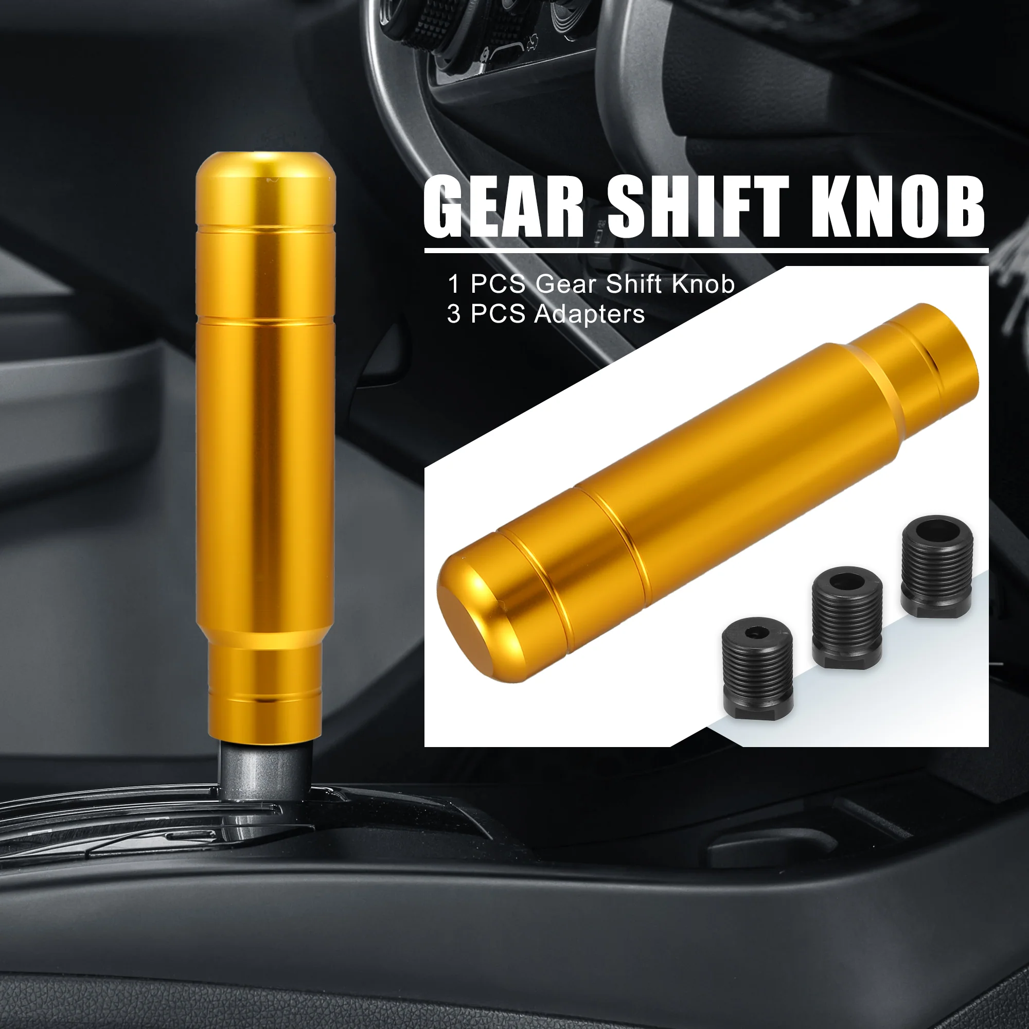 Car Gear Shift Knob Universal with 3 Threaded Adapters 5 Inch Lever Cover Head Aluminum Alloy Gold Tone - Image 3