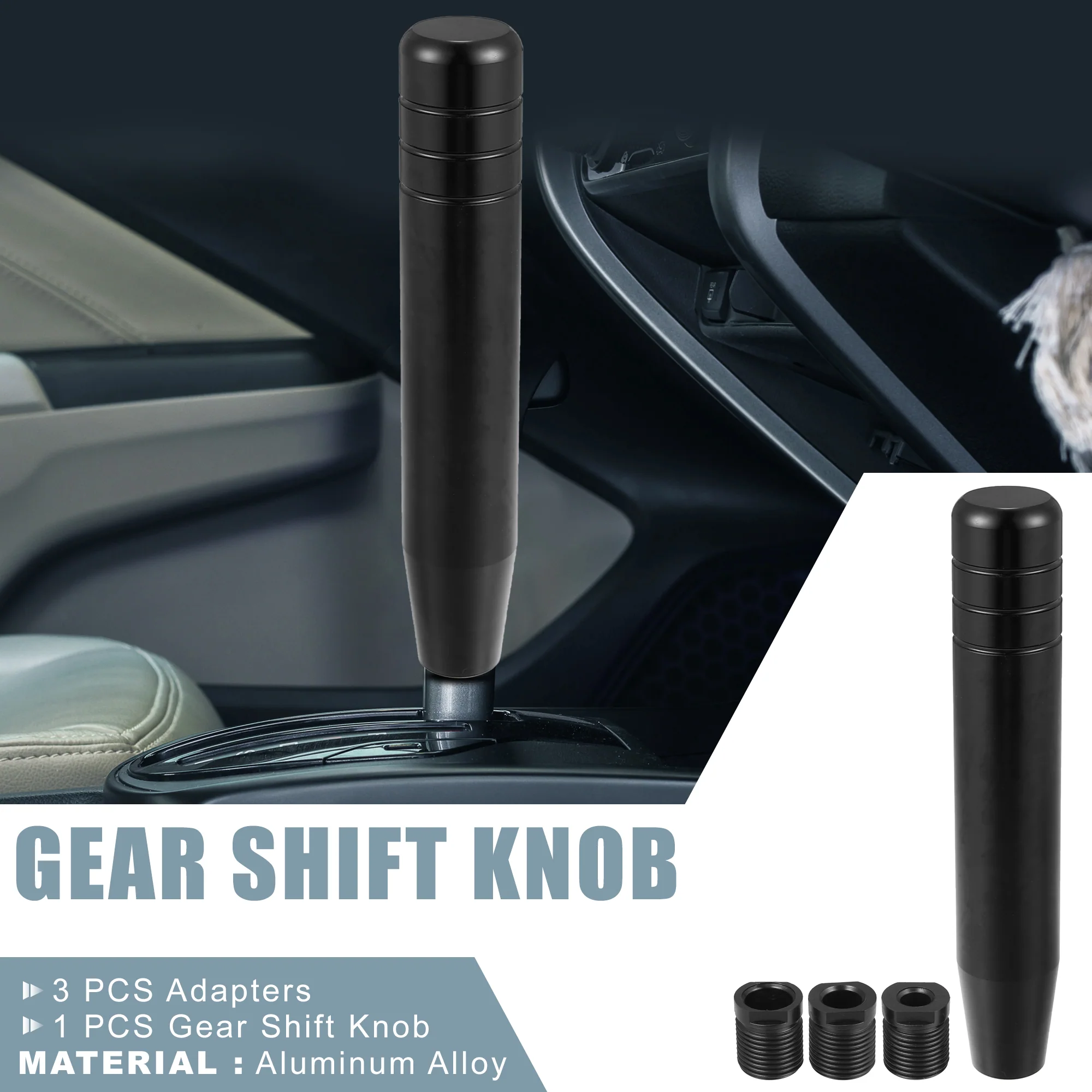 Car Gear Shift Knob Universal with 3 Threaded Adapters 7 Inch Lever Cover Head Aluminum Alloy Black - Image 2