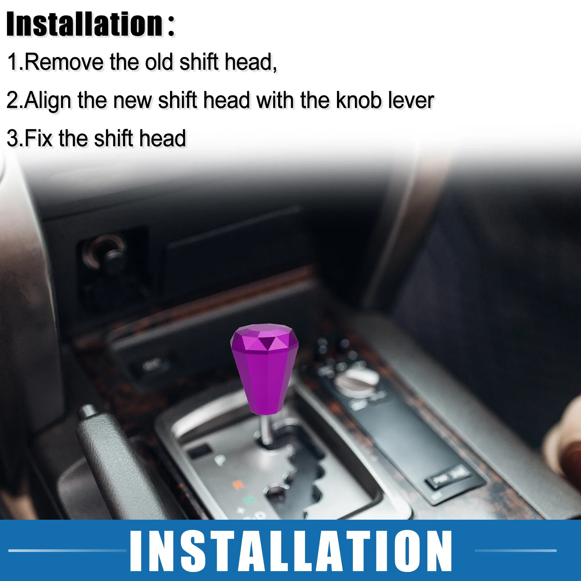 Universal Diamond Shift Knob Manual Car Gear Stick Shift Knob Shifter Lever Head with 8/10/12mm 3 Adapters Purple - Image 7