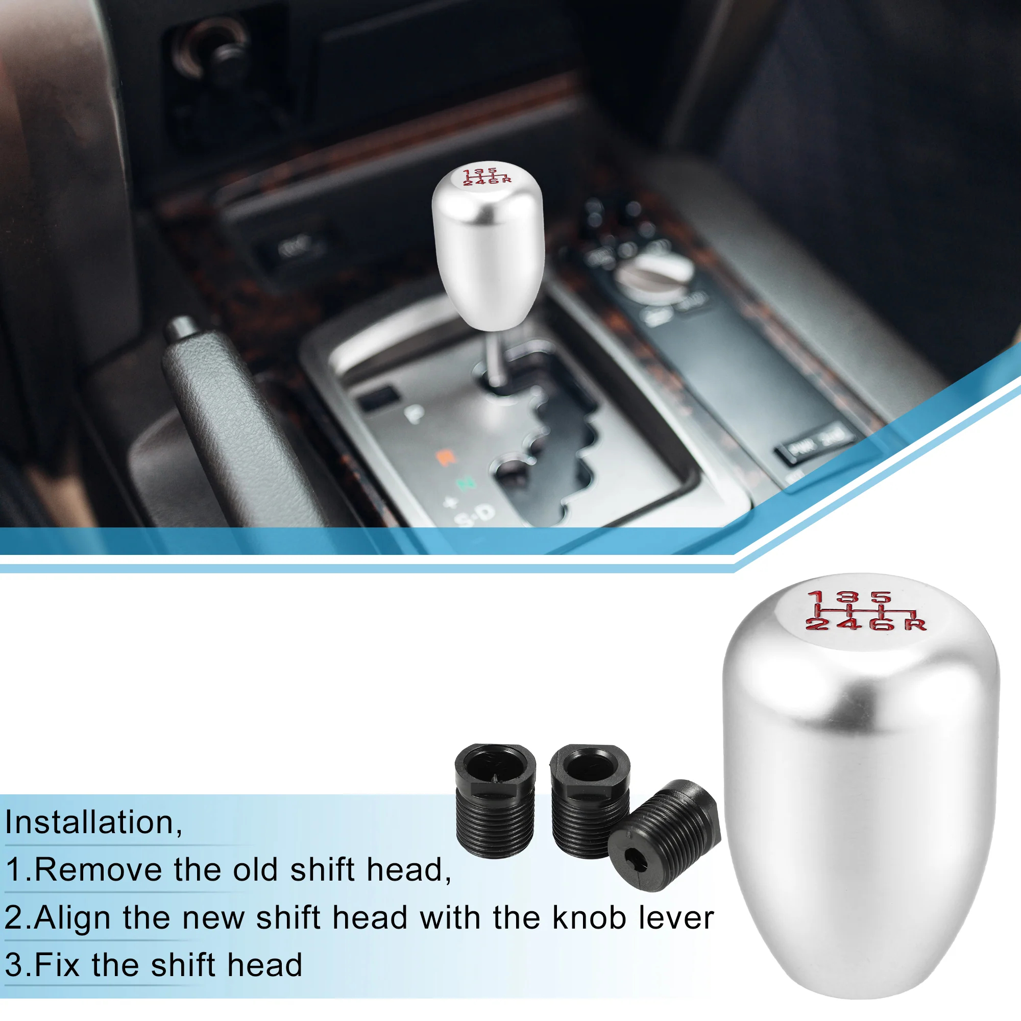 6 Speed Manual Shift Knob Car Shifter Stick Gear Knobs Aluminum AlloyShifting Lever with 8mm 10mm 12mm Adapters Silver Tone - Image 2