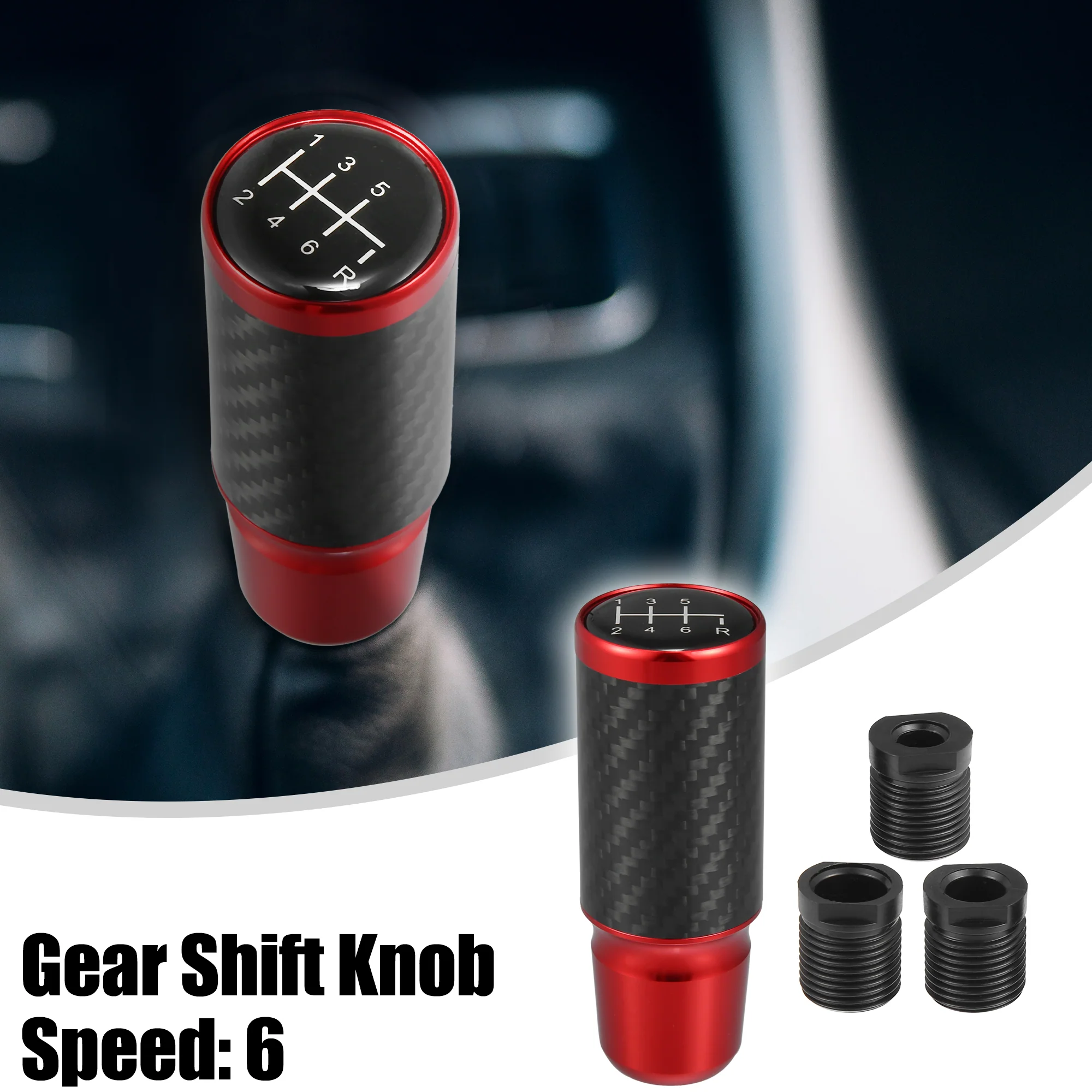 6 Speed Speed Pattern Universal Aluminum Modified Shift Knob Manual Automatic Stick Gear Shift Knob for Cars with 3 Adapters M8 M10 M12 Carbon Fiber Pattern Red - Pack of 4 - Image 2