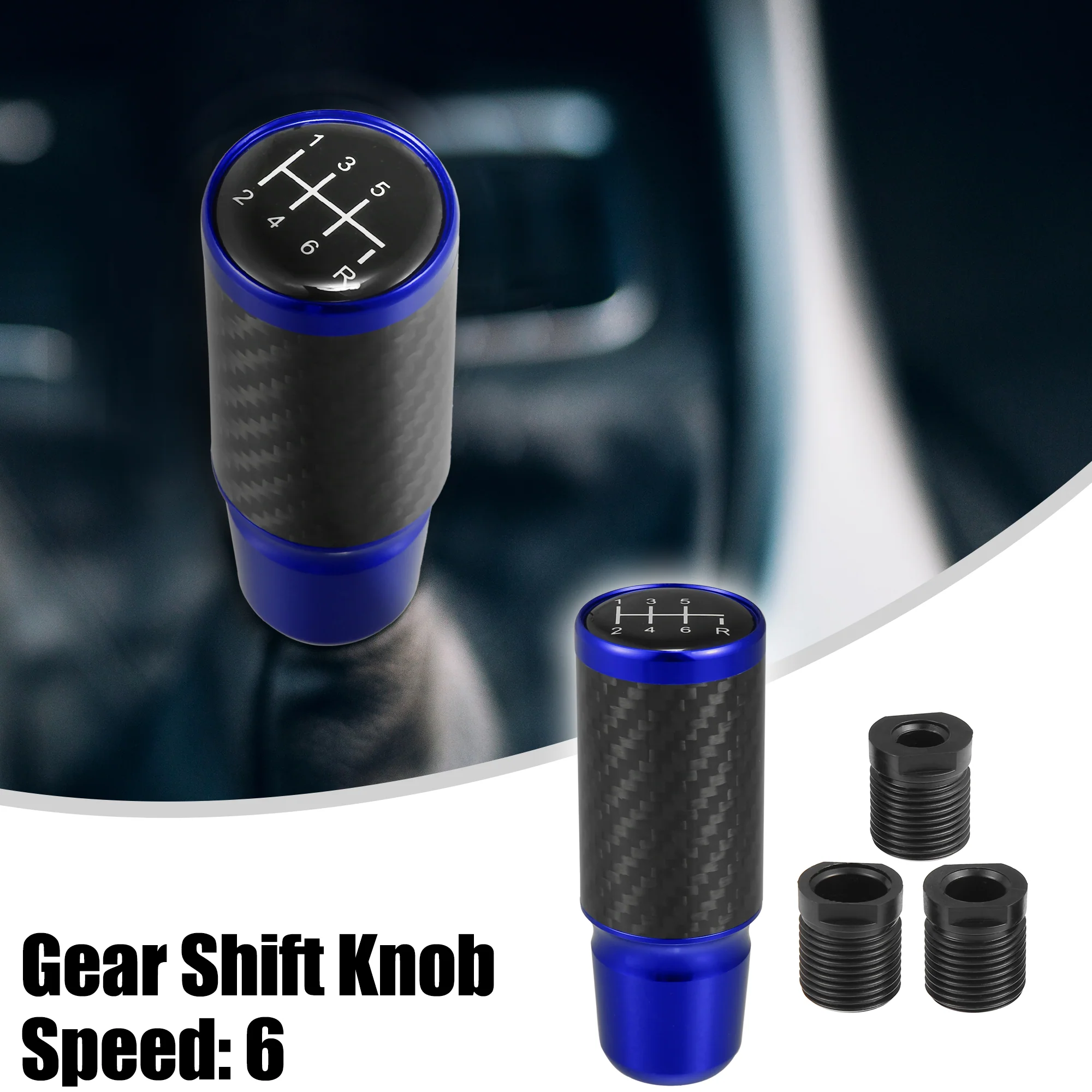 6 Speed Speed Pattern Universal Aluminum Modified Shift Knob Manual Automatic Stick Gear Shift Knob for Cars with 3 Adapters M8 M10 M12 Carbon Fiber Pattern Blue - Pack of 4 - Image 2