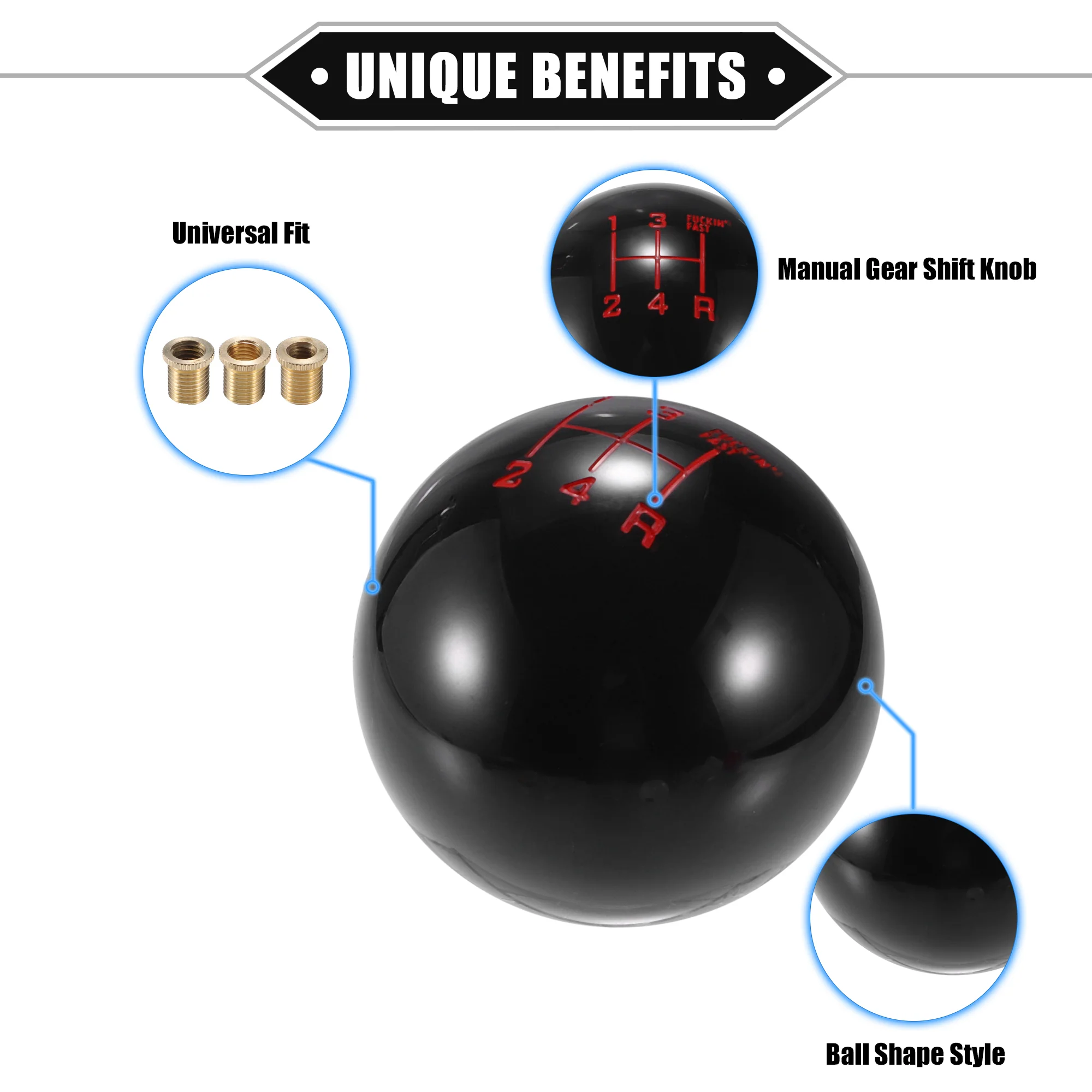Car Manual 4 Speed Ball Gear Shift Knob Kit, Round Short Throw Shifter Universal for Manual Transmission Vehicles Durable Acrylic Black with Adapter - Image 4
