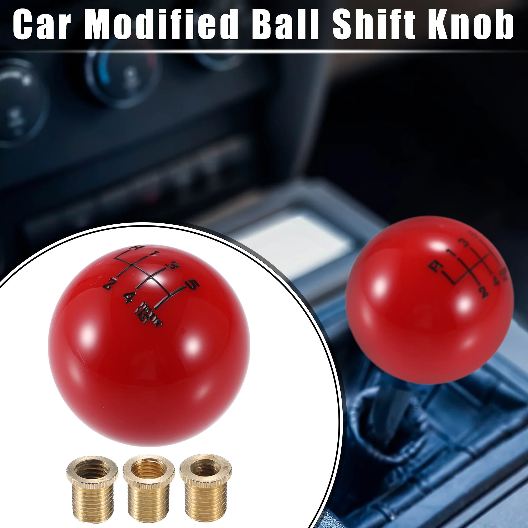 Car Manual 5 Speed Ball Gear Shift Knob Kit, Round Short Throw Shifter Universal for Manual Transmission Vehicles Durable Acrylic Red with Adapter - Image 2