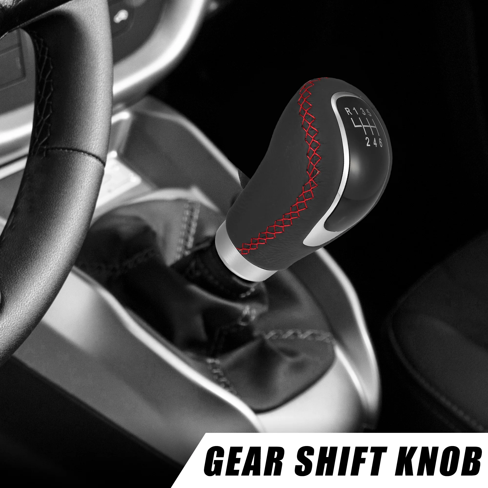 Uxcell 1 Set 6 Speed Car Gear Shift Knob Black Faux Leather with Red Thread with Accessories Black Red - Image 3