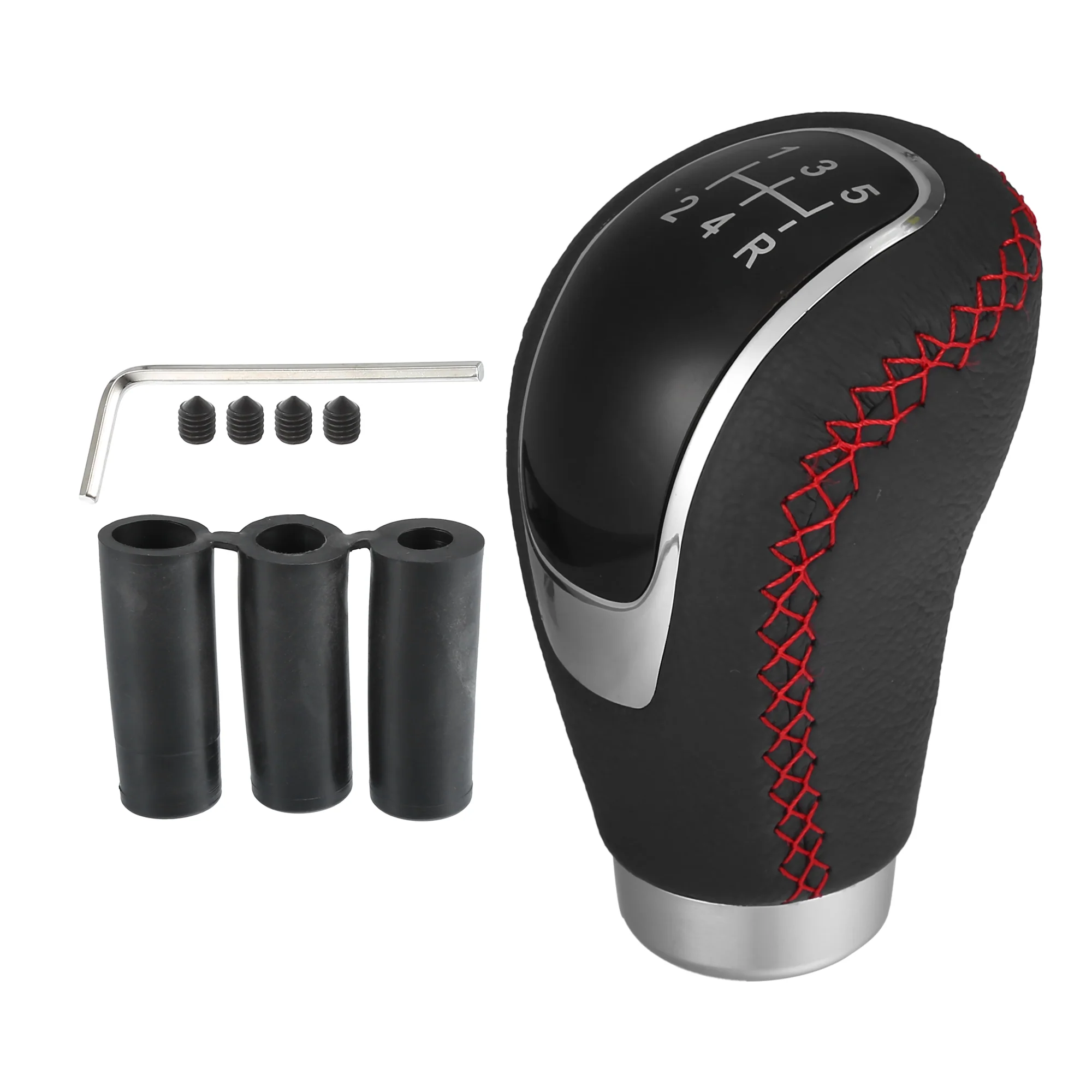 Uxcell 1 Set 5 Speed Car Gear Shift Knob Black Faux Leather with Red Thread with Accessories Black Red