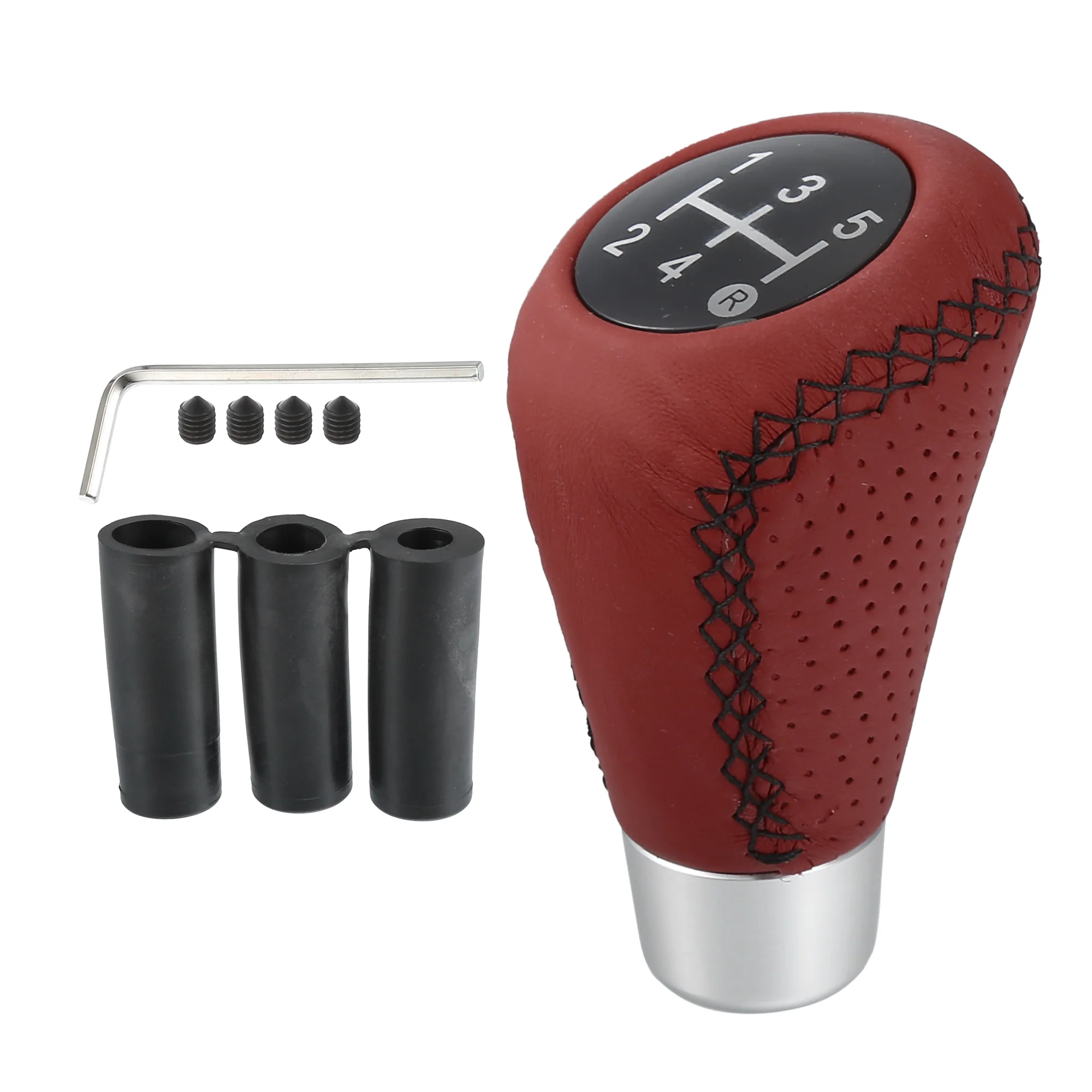 Uxcell 1 Set 5 Speed Car Gear Shift Knob Black Lid Red Faux Leather with Black Thread with Accessories Black Red