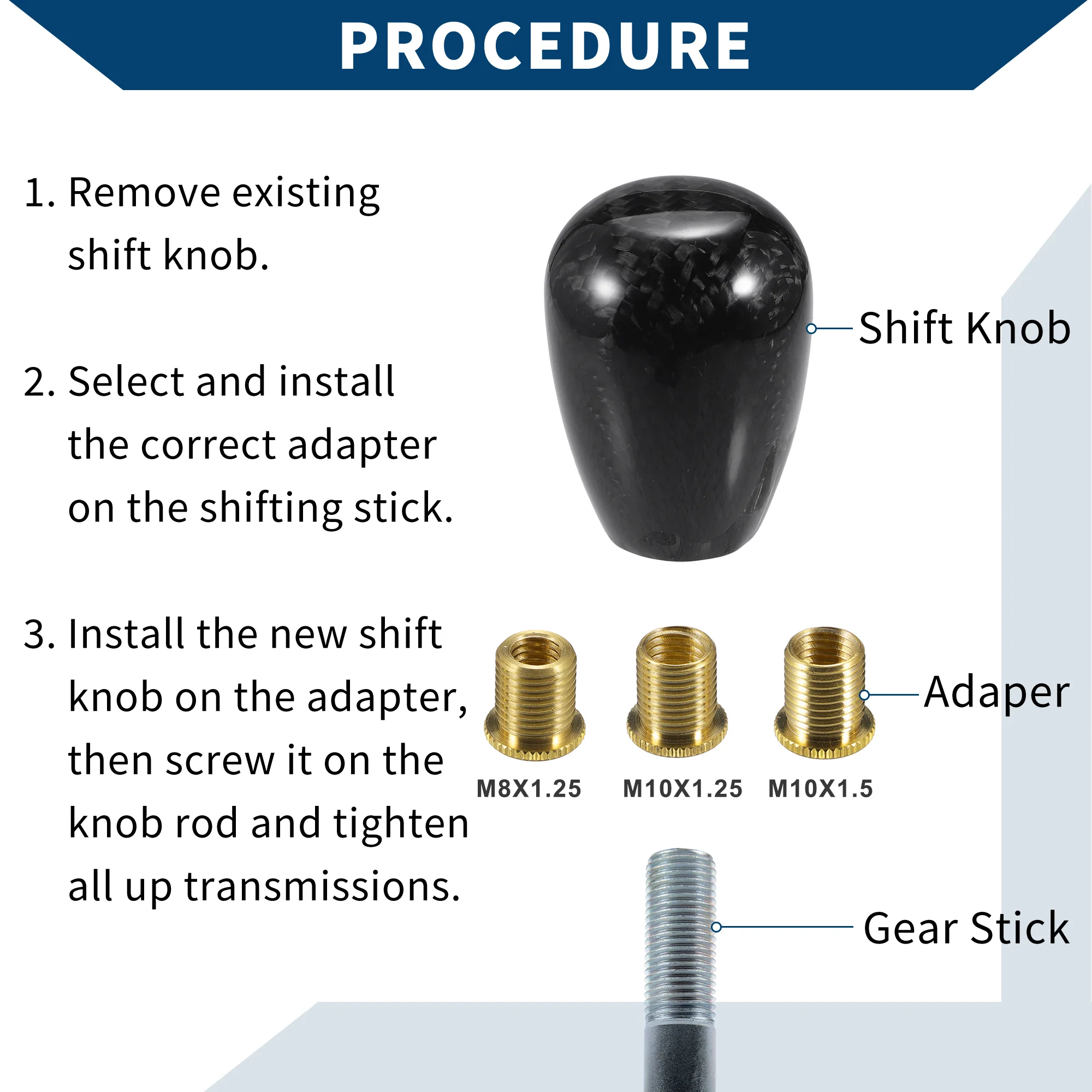 Shift Knob with 3 Adapter / Front Gear Shifter Knob for Automatic and Manual Vehicles / Durable Stick Shifter Lever Knob Resin 5.6cm / 1 Set Black - Image 5